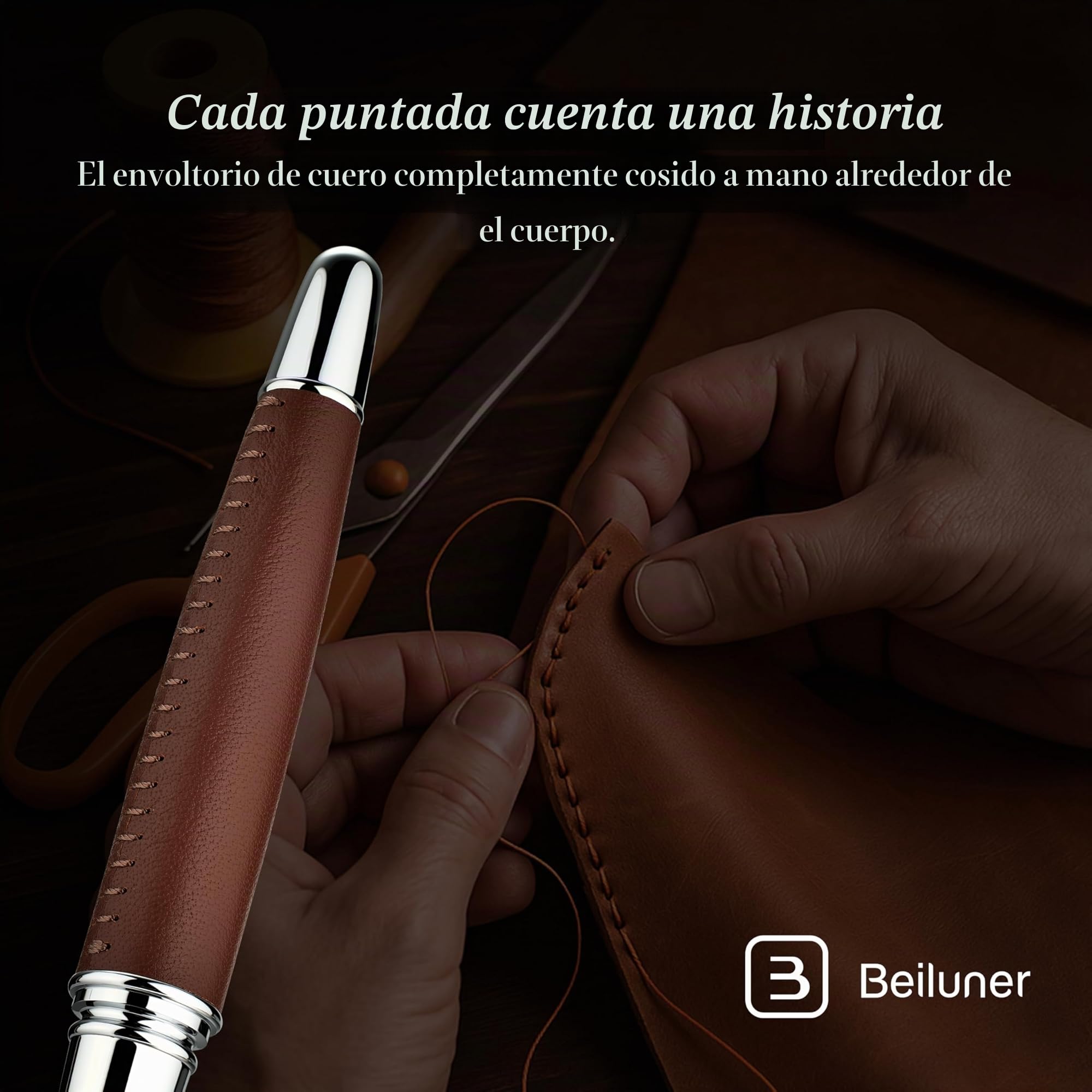 BEILUNER 318 Bolígrafo Roller de Lujo en Piel, Pelle Premium Cosida a Mano & Acabado Cromado, Recambio Schmidt, Mejor Set de Regalo Ejecutivo para Hombre y Mujer, Pluma Rellenable - Marrón