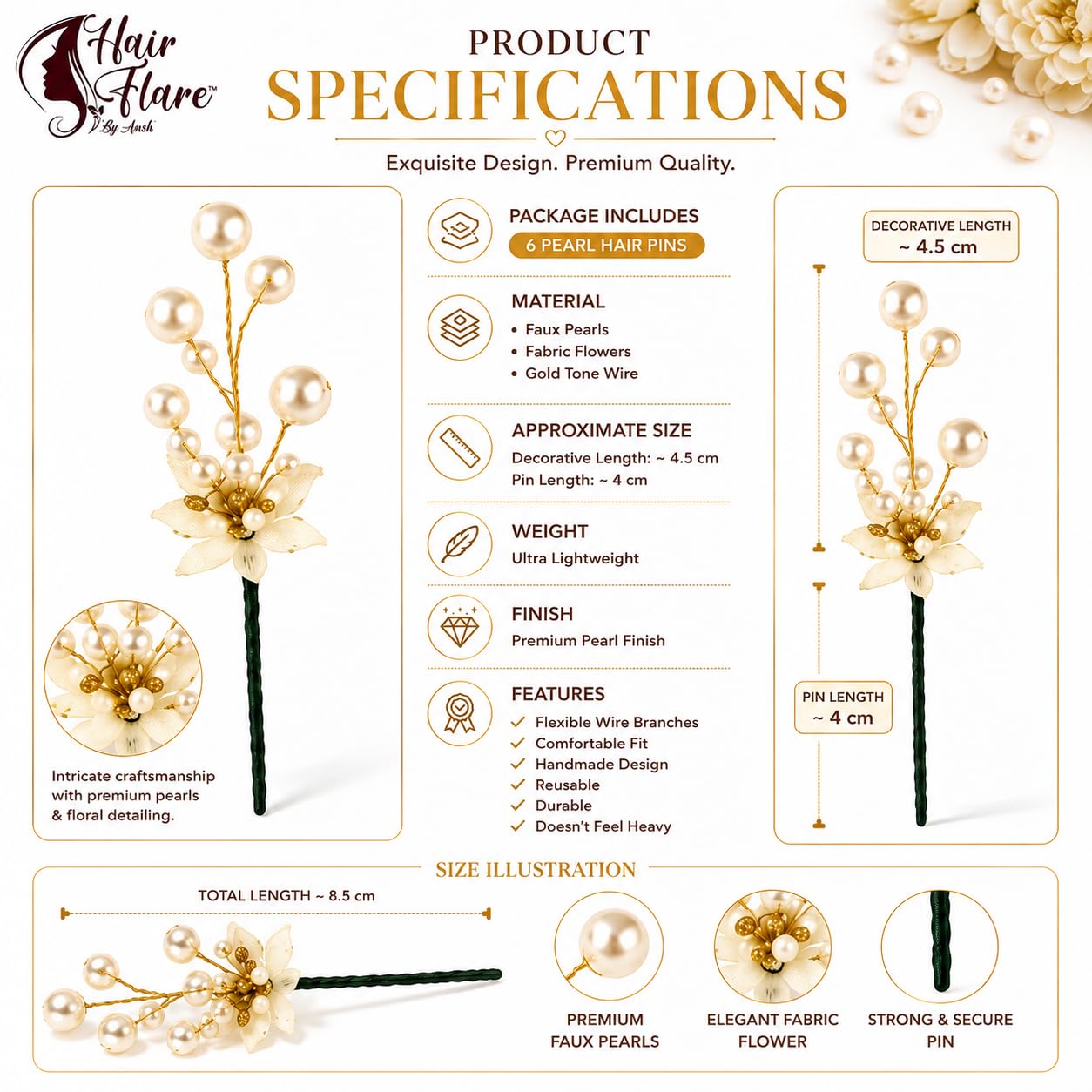 Hair Flare 2207 Pearl Artificial Bridal Wedding/hair flower accessories For Women's/gajra/Juda Pin/Juda Bun/Hair Clip/artificial flowers For hair / - Pack Of 6, White And Golden 2