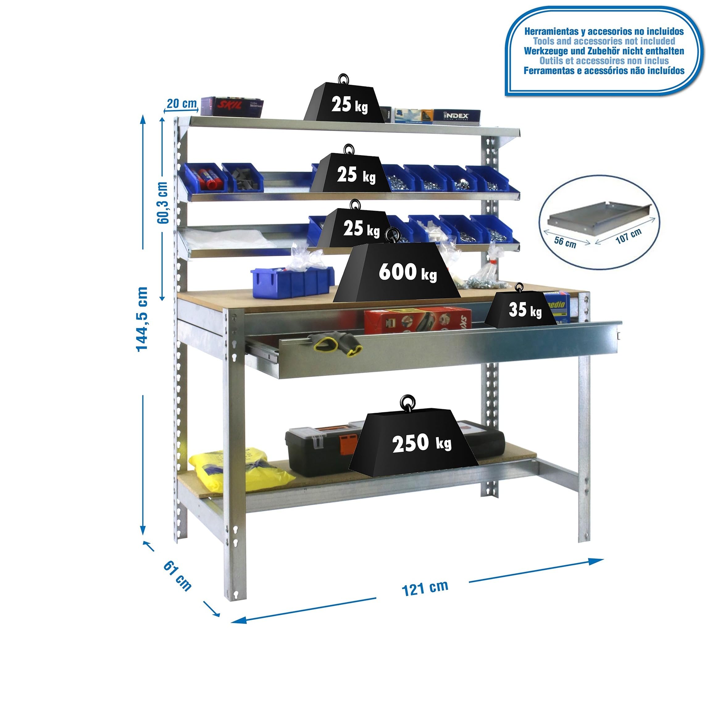 Simon Rack Banco de Trabajo con 3 repisas y cajón 1210x610 mm - BT1 | Capacidad Carga 600 kg, Pintura anticorrosión, Galva , Montaje sistema clic