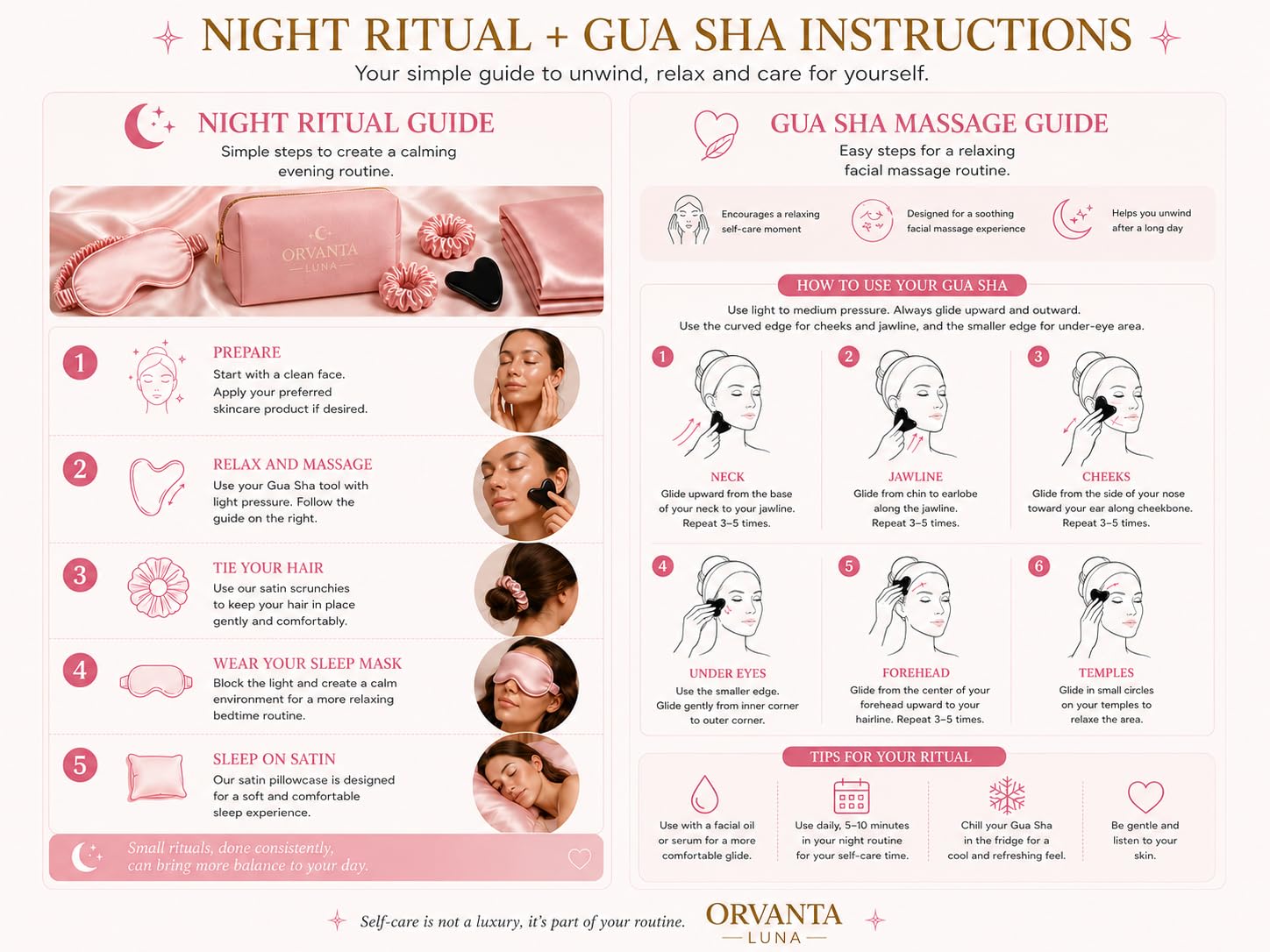 Luna Luxury Self Care Gift Set for Women – Satin Sleep Mask, Satin Pillowcase, Gua Sha, Satin Scrunchies & Travel Pouch (Blush Pink)