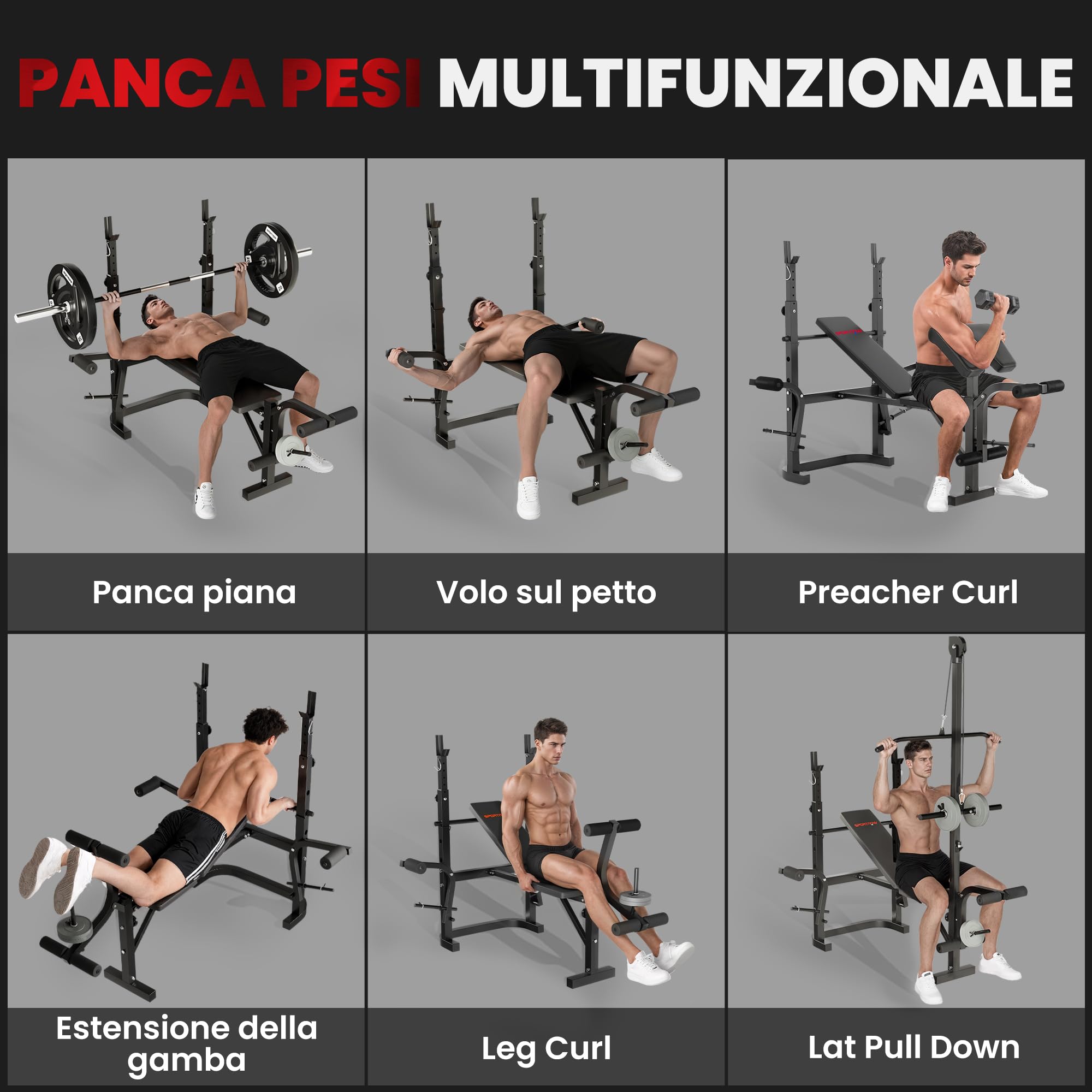 SPORTNOW Panca Palestra Multifunzione Regolabile con Rack Bilanciere, Panca Preacher Curl, Panca Pesi Inclinabile Piana con Leg Extension, Barra Lat Pull Down, Allenamento Palestra Casa, Nero
