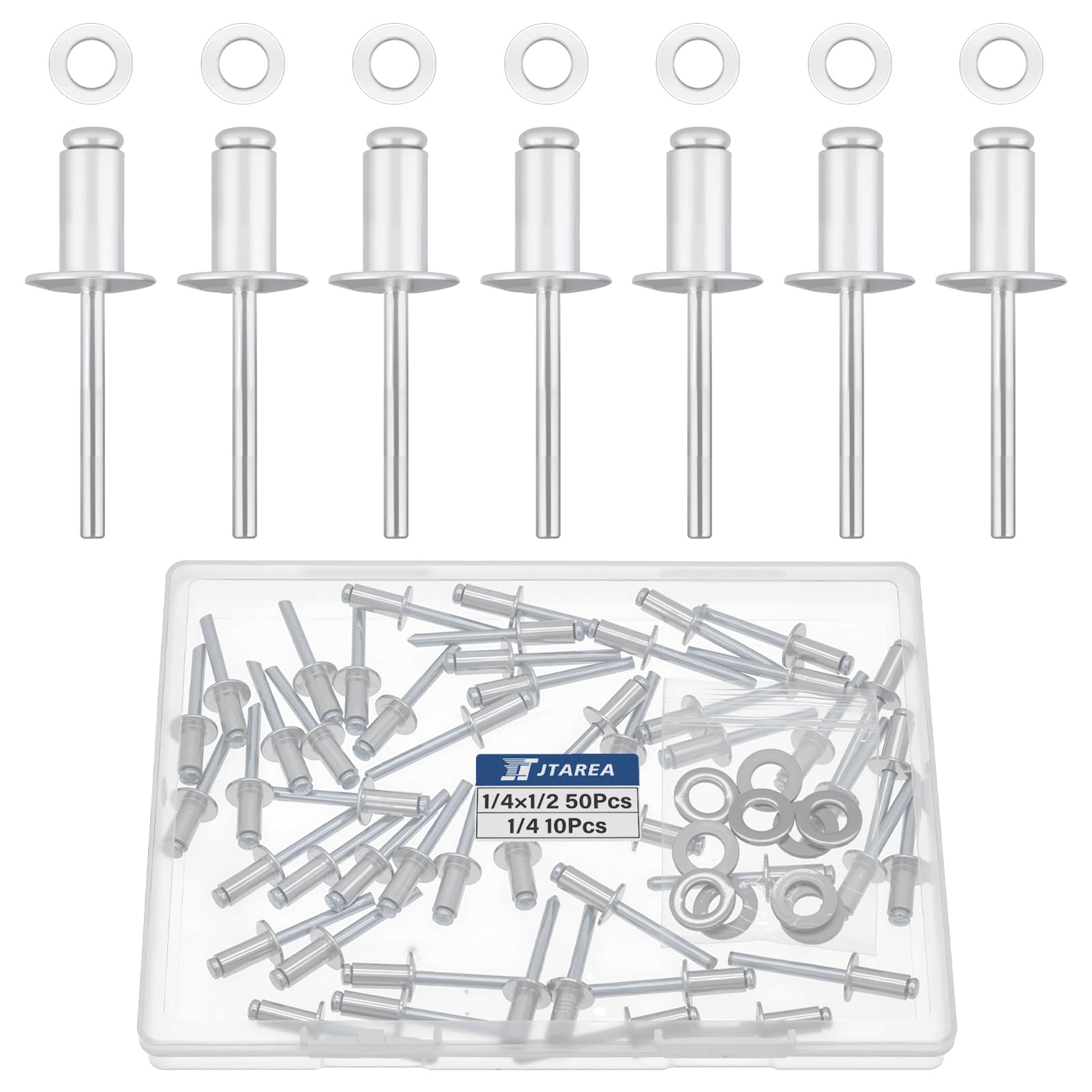 JTAREA 60pcs Aluminum Blind Rivets 6.4 × 12.7 mm with Washers Open End Rivet Pop Rivets Large Head (Silver)