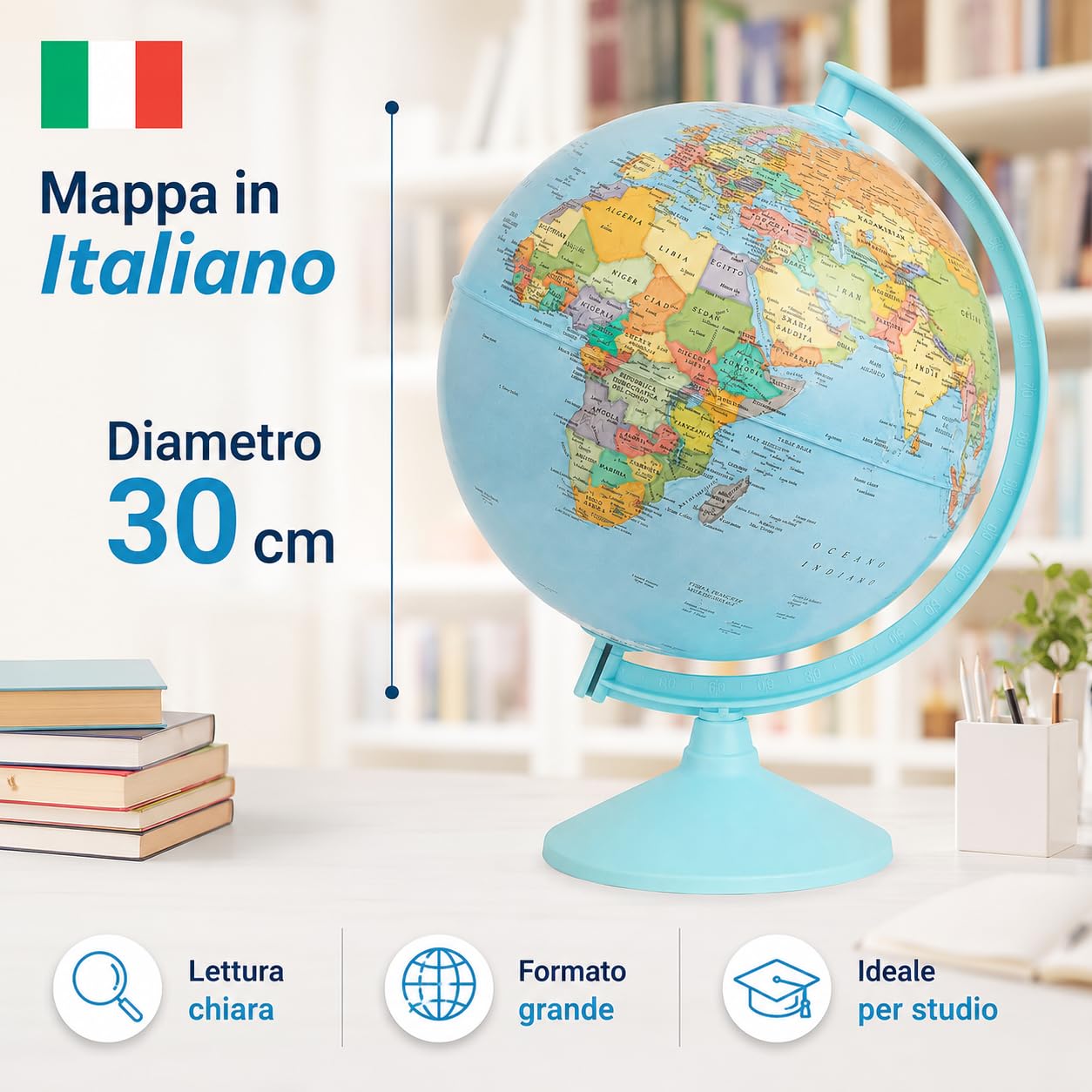 Mappamondo 30 cm con Mappa Italiana e Base Azzurra Girevole | Globo da scrivania con arco coordinato lettura chiara per scuola casa studio bambini studenti e appassionati
