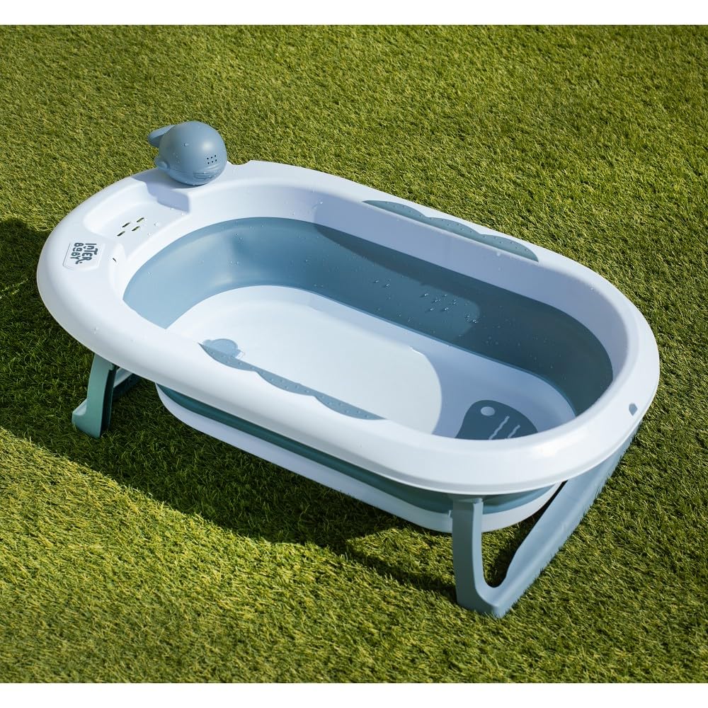 Składana wanna dla niemowląt Interbaby 80x47x21 cm | Składana wanna dla niemowląt z kubkiem do płukania, antypoślizgowa, szczelna nasadka | przenośna, łatwa do przechowywania, wygodna, niebieska