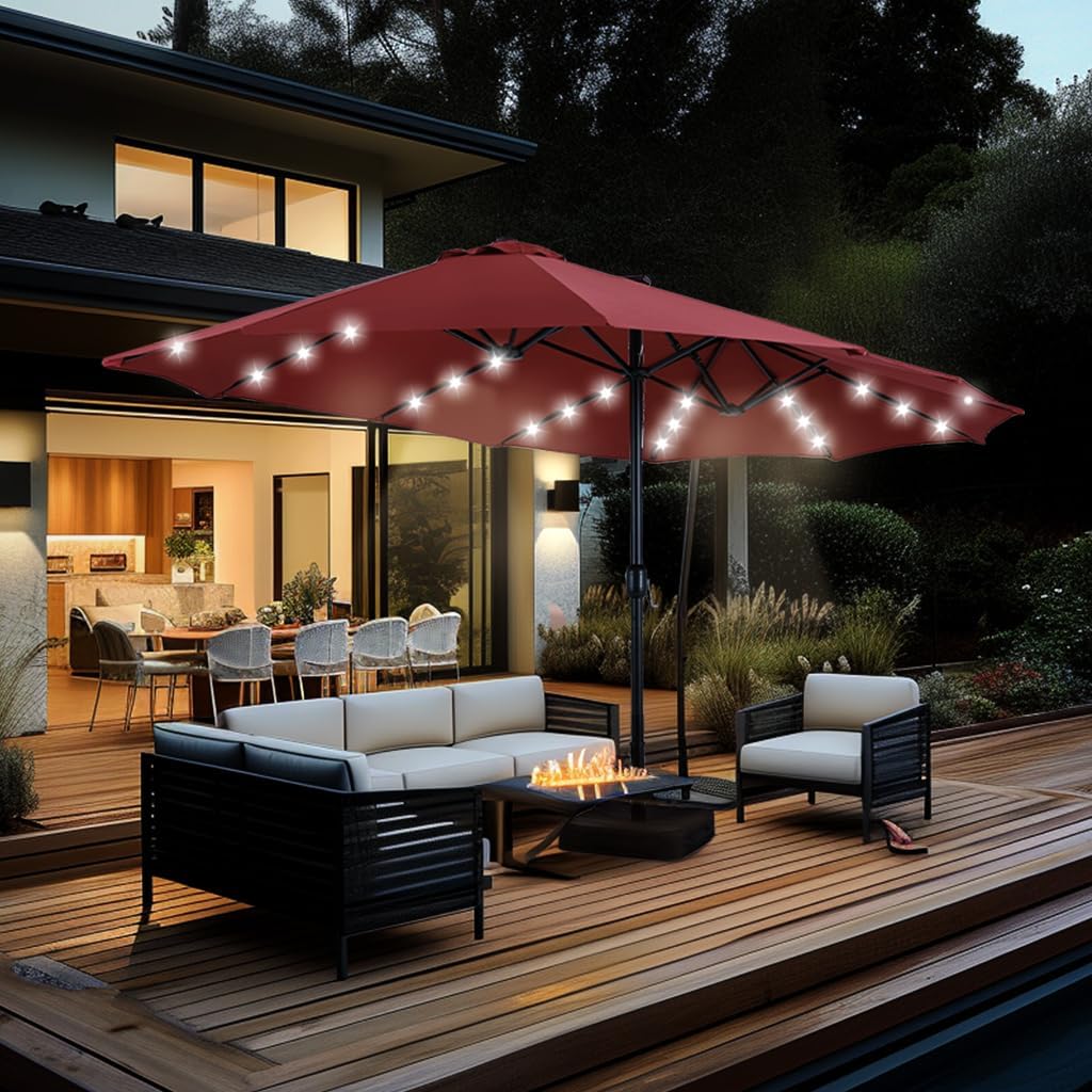 GREEN PARTY 15 ft Rectangle Patio Umbrella with Solar Lights and Base Included, Double-Sided Market Table Umbrella with Crank, Large Outdoor Umbrellas for Patio Poolside Garden Backyard, Burgundy Red