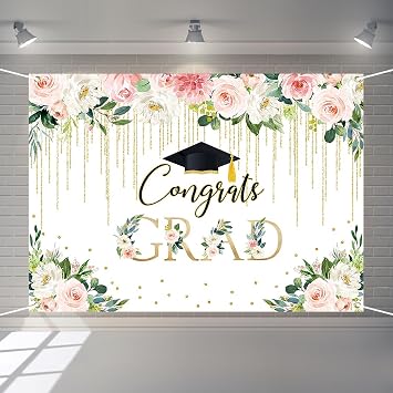 Blush Pink Floral Graduation Backdrop Gold Glitter Congrats Grad Party Decorations Class of 2026 Graduation Prom Party Background Banner Photo Booth Props 7x5ft