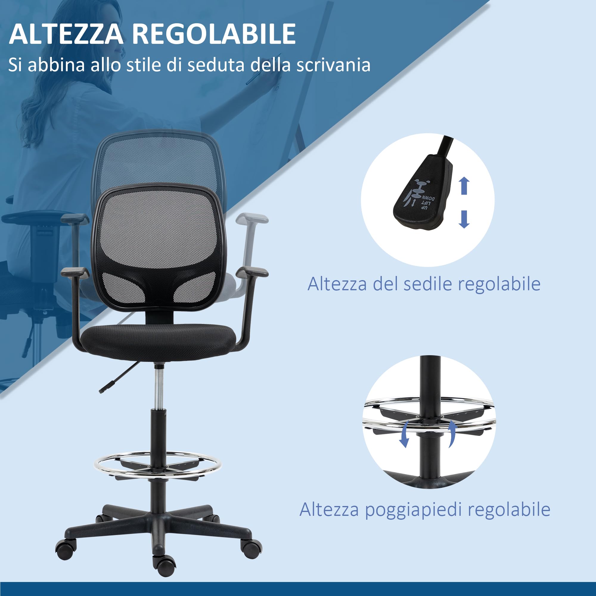 Vinsetto Sedia Ufficio ad Altezza Regolabile con Poggiapiedi Nero | Sedia Ergonomica, Ruote Girevoli, Braccioli, Seduta Imbottita in Gommapiuma, 64x57x110-132cm