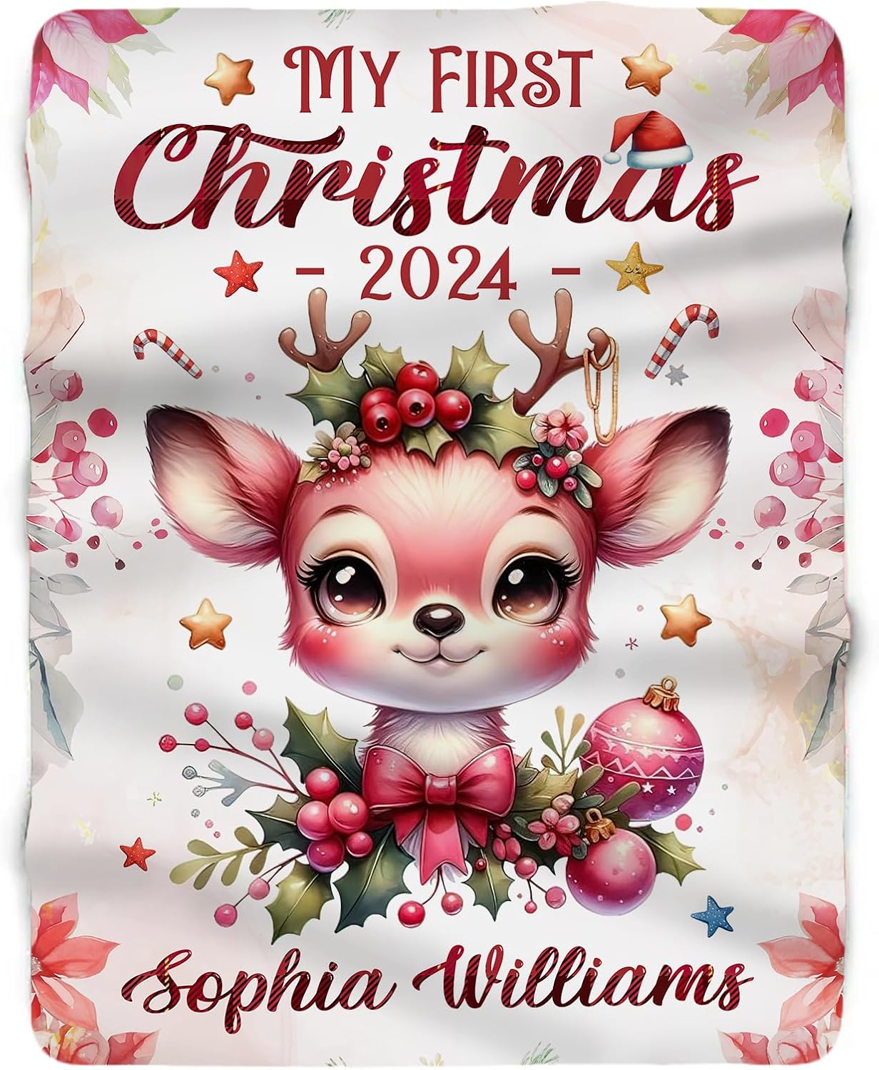 Personalized Name 1st Christmas Baby Blanket, Customized