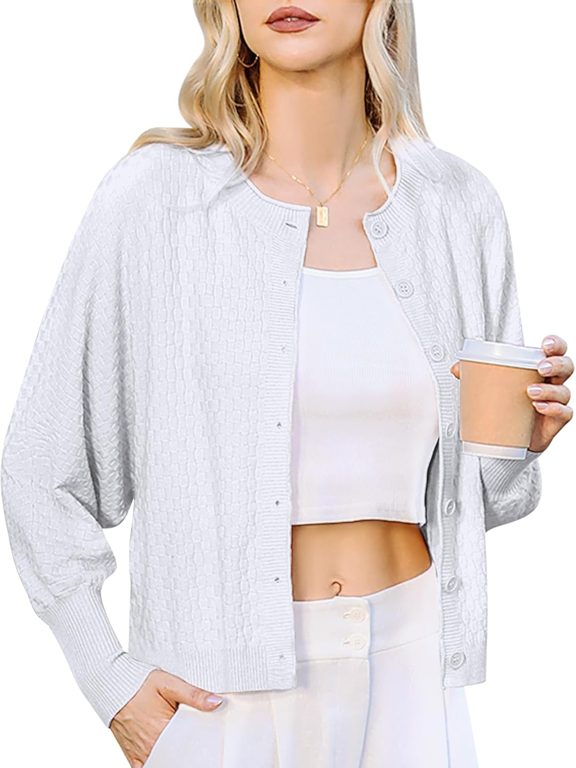 Totatuit Fall Outfits for Women 2024 Women's Cardigan Lightweight Long Sleeve Sweater Crewneck Knit Button Down Casual Top White Small