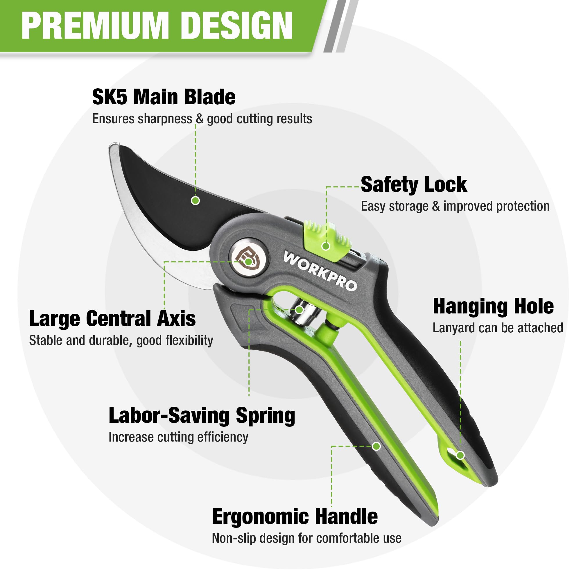 WORKPRO 200 mm Secateurs & Pruning Scissors, Heavy Duty Secateurs with SK5 Blades - Image 2
