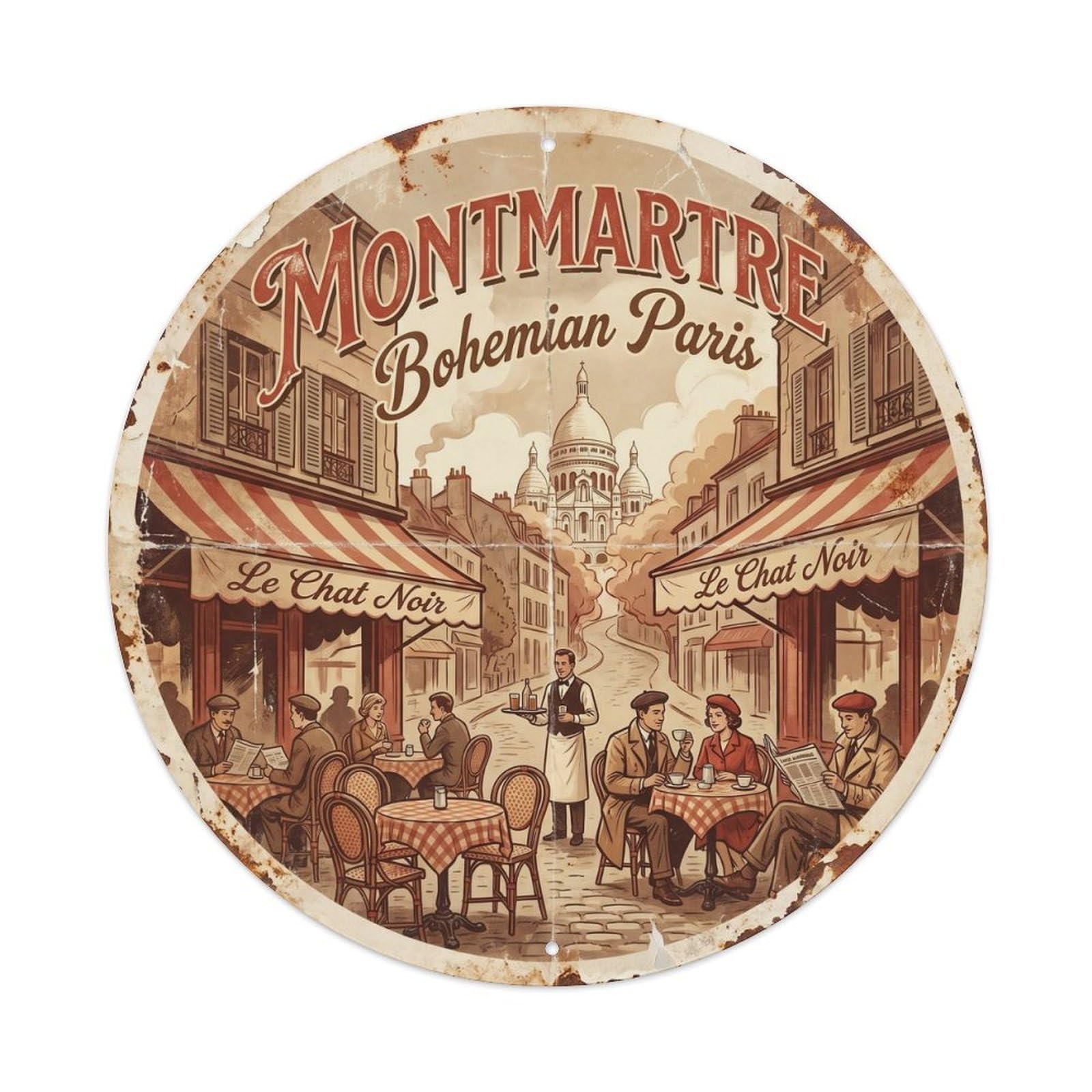 Vintage Travel Paris Montmartre Cafe Metal Tin Sign Plaque Wall Decor for Cafe, Club, Garden Round Metal Poster 8x8Inch