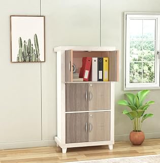 Furniva Nova Wooden Book Shelf with Separate Locks | Bookcase Compartment Organizer with Doors | Two-Tone Contemporary Des... Price In India