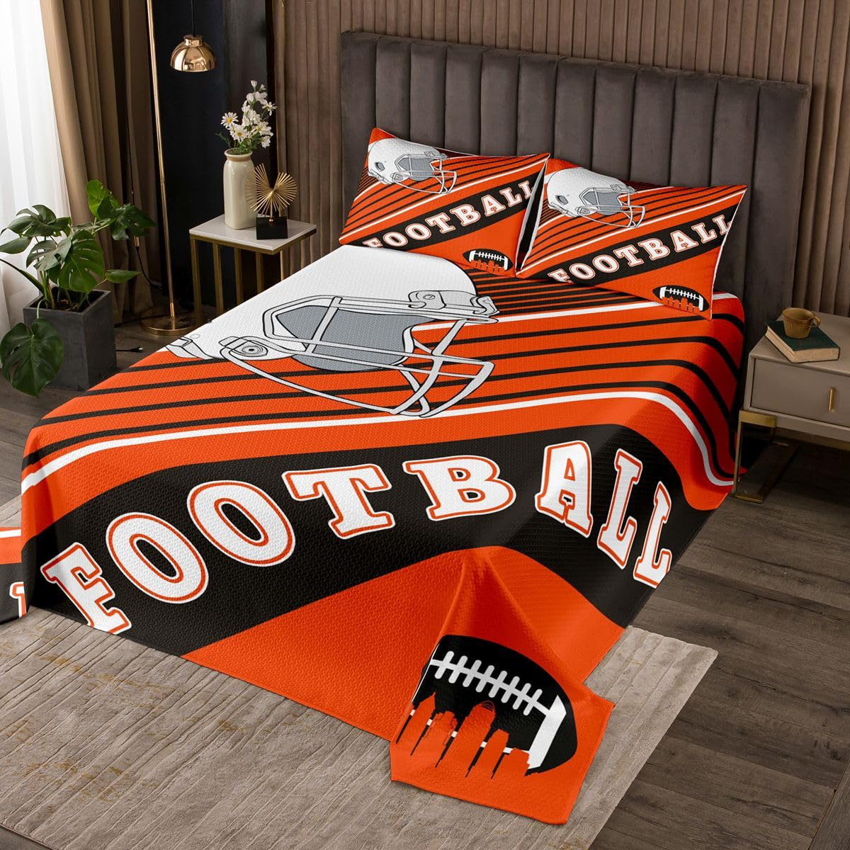 Parure de lit décorative motif graffiti 3D casque football américain orange