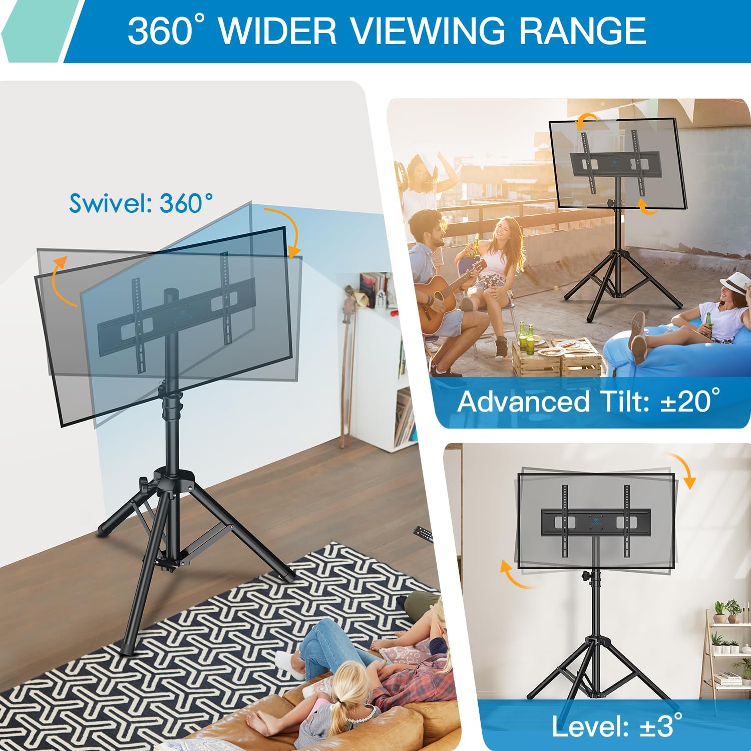 Diagram showing 360 degree swivel, plus/minus 20 degree tilt, and plus/minus 3 degree level adjustments for the TV stand.