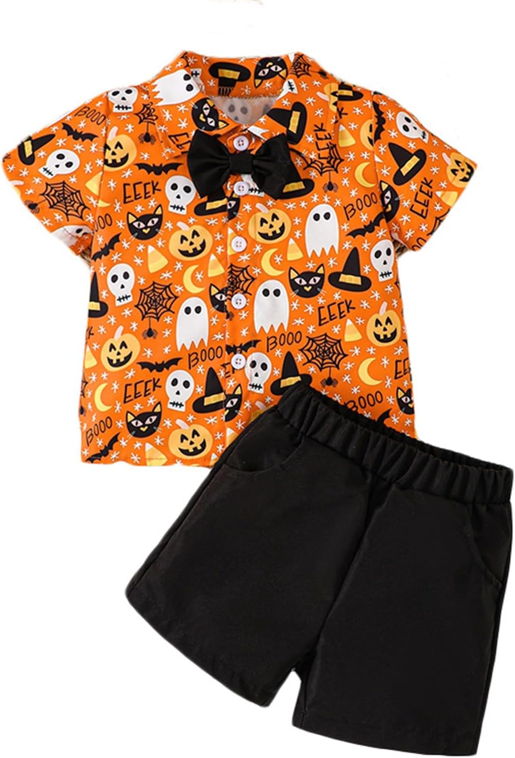 Rtnnsbbfcm Toddler Baby Boy Halloween Outfit Short Sleeve Bow Tie Pumpkin Ghost Button Down Shirt Top Shorts 2Pcs Set