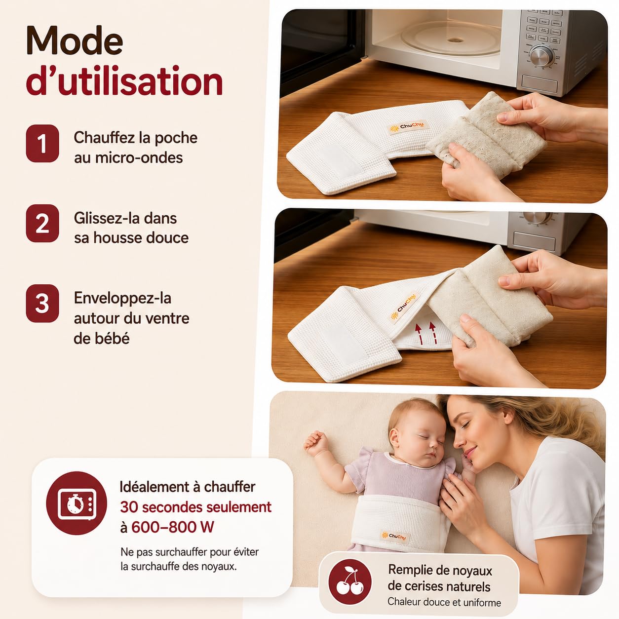Ceinture Chauffante Bébé Anti-Coliques – Bouillotte aux Noyaux de Cerise pour Nouveau-Né, Soulage Gaz, Ballonnements et Douleurs Abdominales – Coussin Chauffant Micro-Ondes 100% Coton