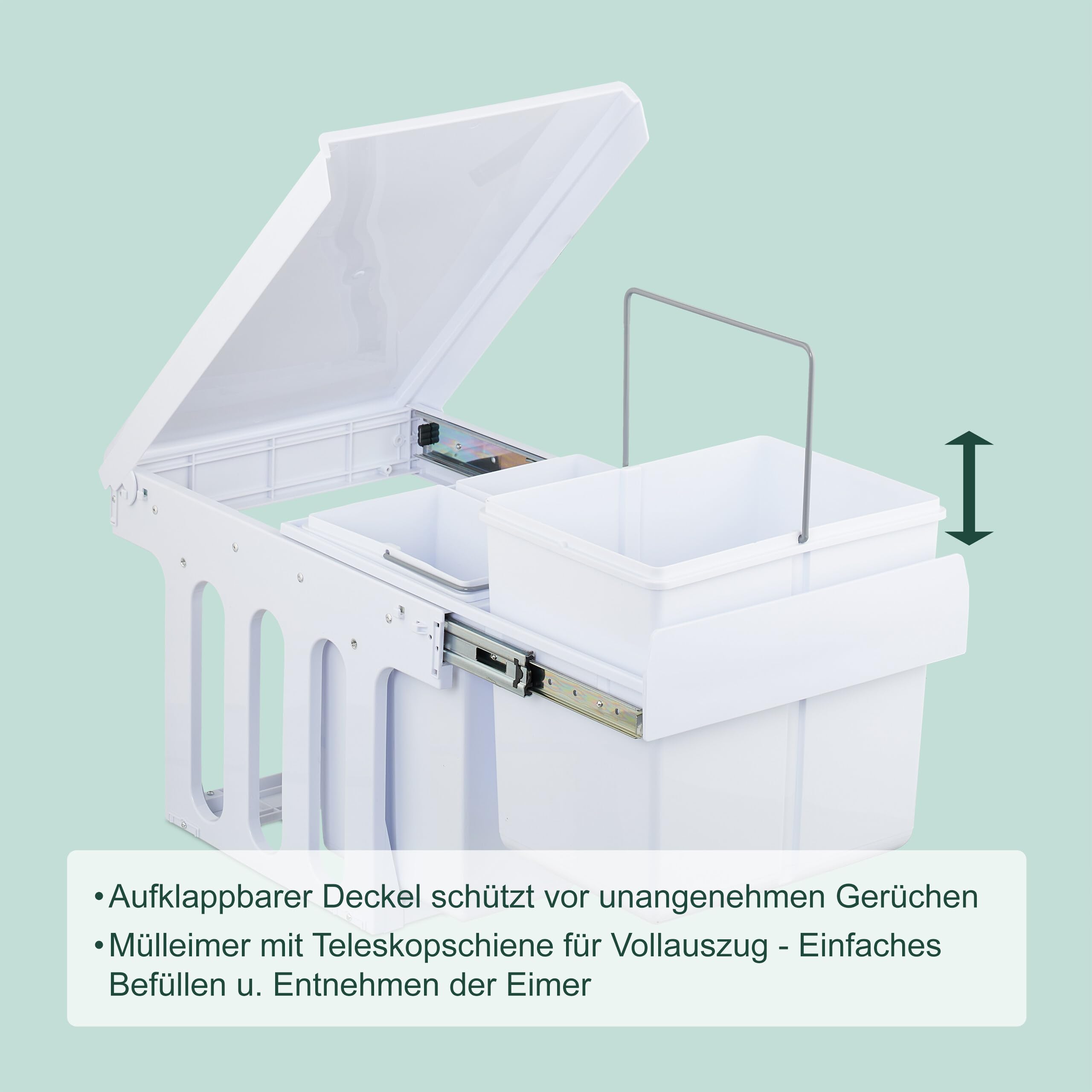 Relaxdays Einbaumülleimer, 4 Fächer, 4 x 8l, HBT: 35,1x34,3x48 cm, ausziehbar, Mülltrennsystem für Unterschrank, weiß