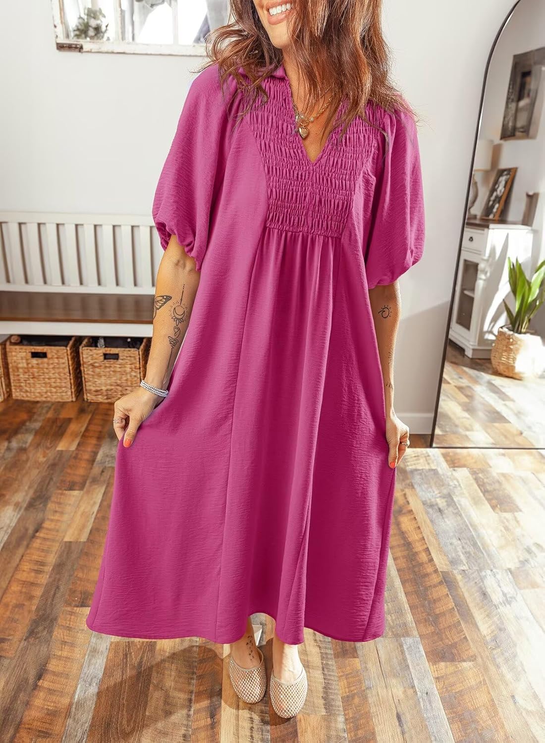 Dokotoo Summer Dresses for Women 2026 Casual Dresses V Neck Puff Sleeve Empire Waist A-Line Maxi Dress - Image 2