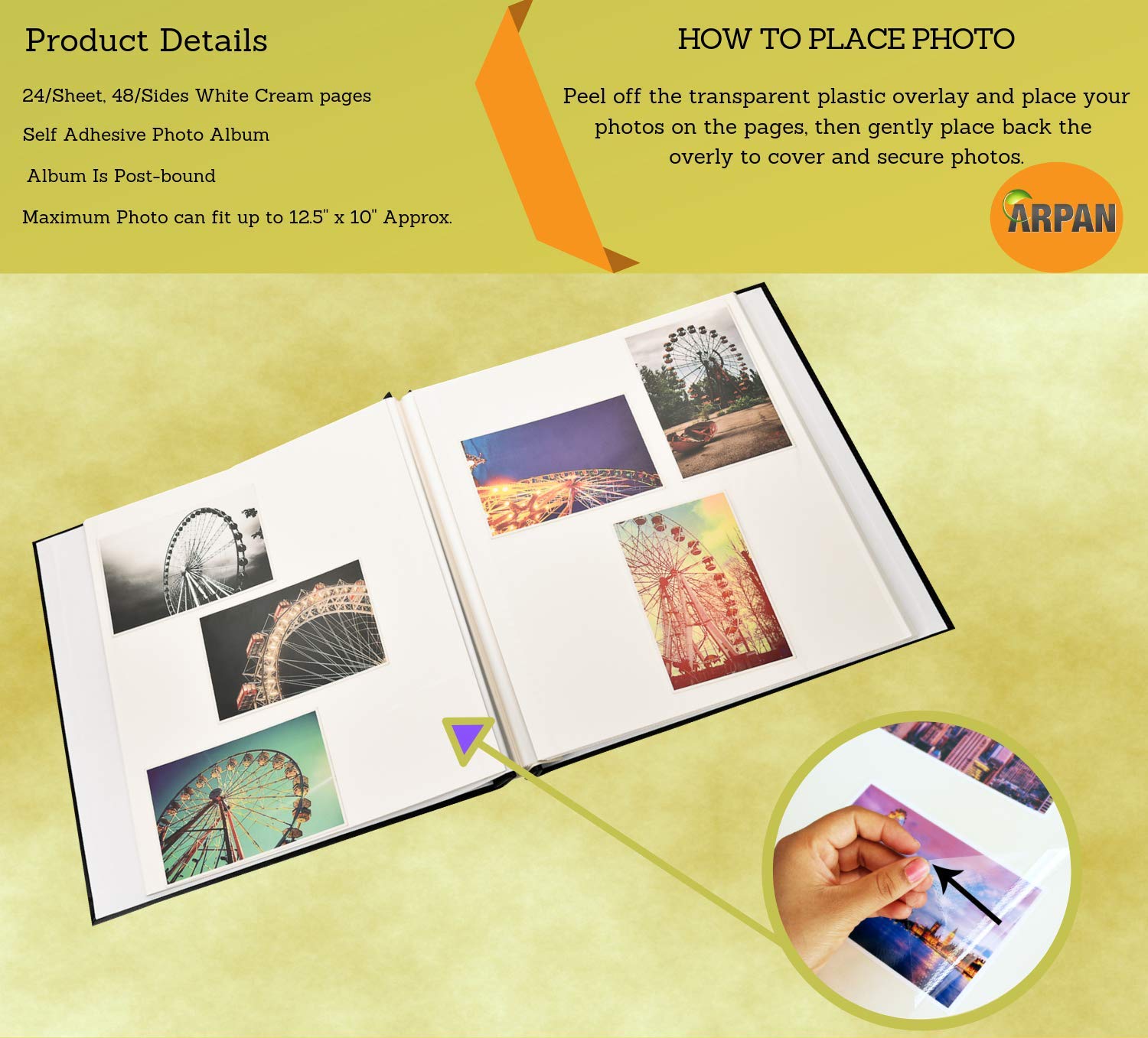 ARPAN - Álbum de Fotos, Extra Grande, para Fotos de hasta 32 x 26 cm, Autoadhesivo, con 24 hojas/48 Caras, Cubierta Acolchada con Aspecto de Cuero, tamaño 33,8 x 3 cm x 33,2 cm, Color Azul