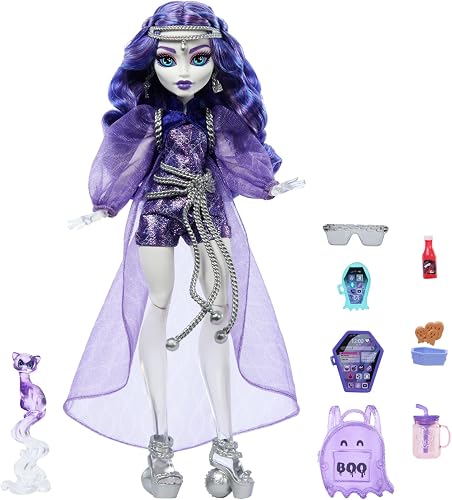 Monster High Spectra Vondergeist Doll with Pet Ferret Rhuen and Accessories like Backpack, Tablet, Snacks and More, HXH77