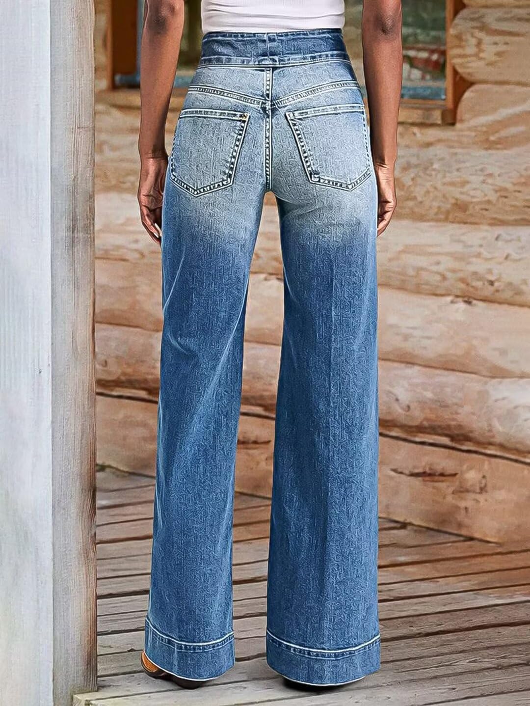 Flamingals Wide Leg Jeans for Women Mid Waist Baggy Stitch Decor Denim Washed Pants Without Belt