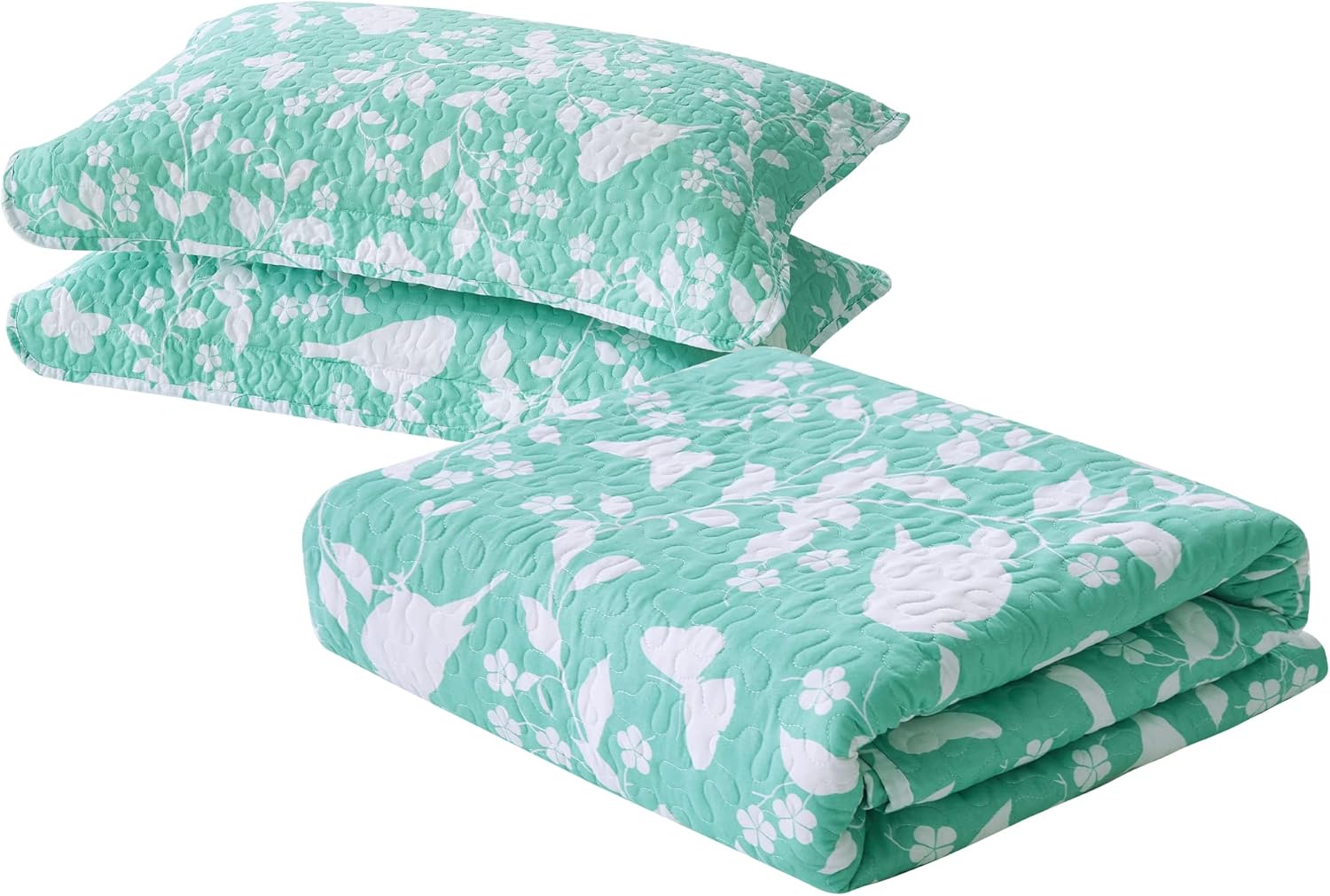 HESTIN 8 Piece Microfiber Reversible Bedspread Plant Design Matching Light Filtering Curtains for All Season, Seafoam, King (102" x 90")