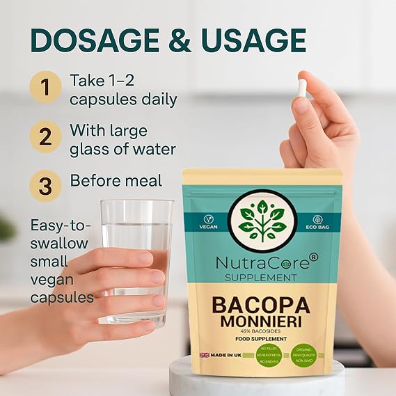 Bacopa Monnieri 5000mg Capsules (10:1 Extract) – 45% Bacosides, High Strength Memory, Focus & Cognitive Support, Brain & Nervous System Health, Vegan Non-GMO Supplement, Made in UK by NutraCore (180)