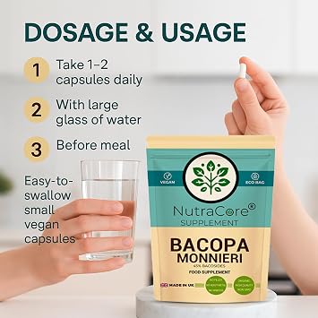Bacopa Monnieri 5000mg Capsules (10:1 Extract) – 45% Bacosides, High Strength Memory, Focus & Cognitive Support, Brain & Nervous System Health, Vegan Non-GMO Supplement, Made in UK by NutraCore (180)