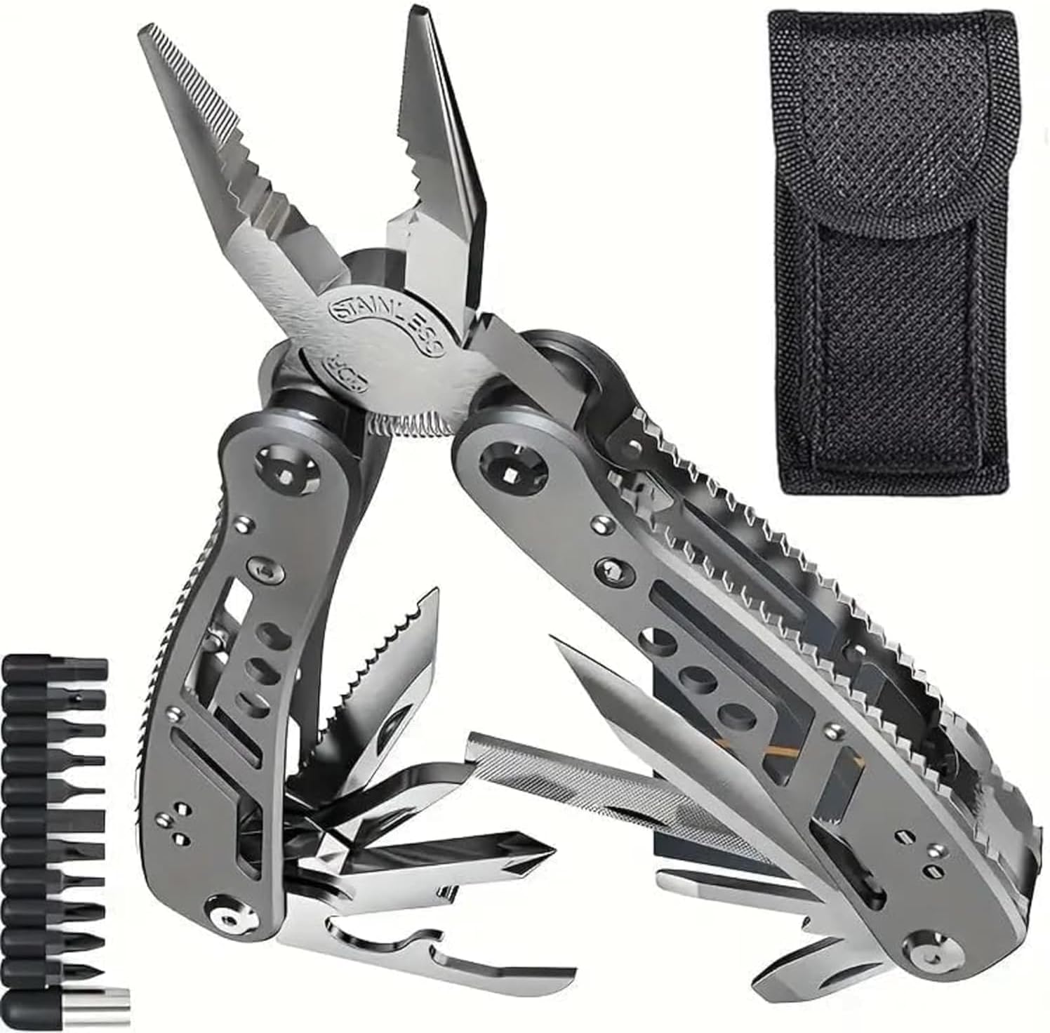Stainless Steel Multi-Tool Pliers with Knife, Screwdriver Bit Set & Nylon Pouch, Heavy-Duty Folding Survival Tool for Camping, Hiking & Home Repair (24 In 1)