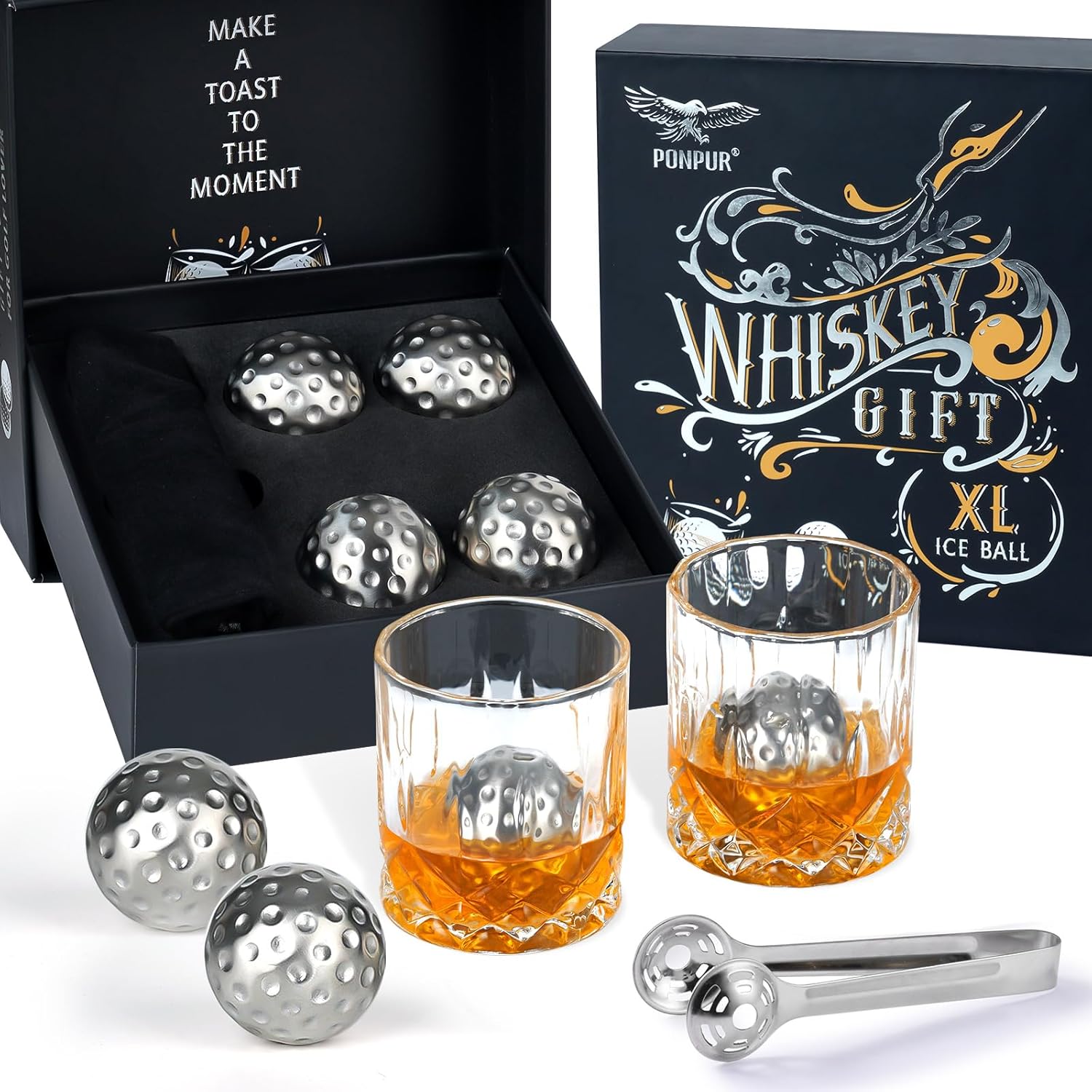 PONPUR Men's Golfer Gifts, Valentines Day Anniversary Birthday Gifts for Dad Him Husband, 4 Whiskey Golf Balls with 1 Tongs, Reusable Stainless Steel Golf Ice Balls Whiskey Gift for Golf Lover - Image 8