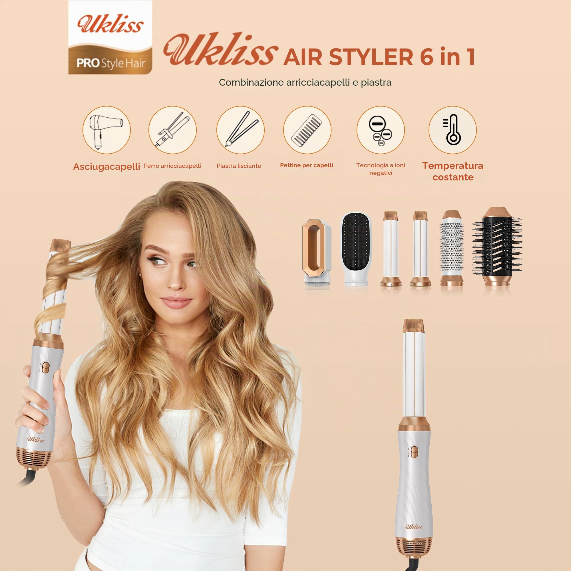 UKLISS Airstyler 6 in 1, Spazzola Asciugacapelli Professionale Set con Arricciacapelli Automatico, Spazzola Lisciante per Capelli, Thermal Brush, Multistyler Regali Set per Donne Styling - Bianco