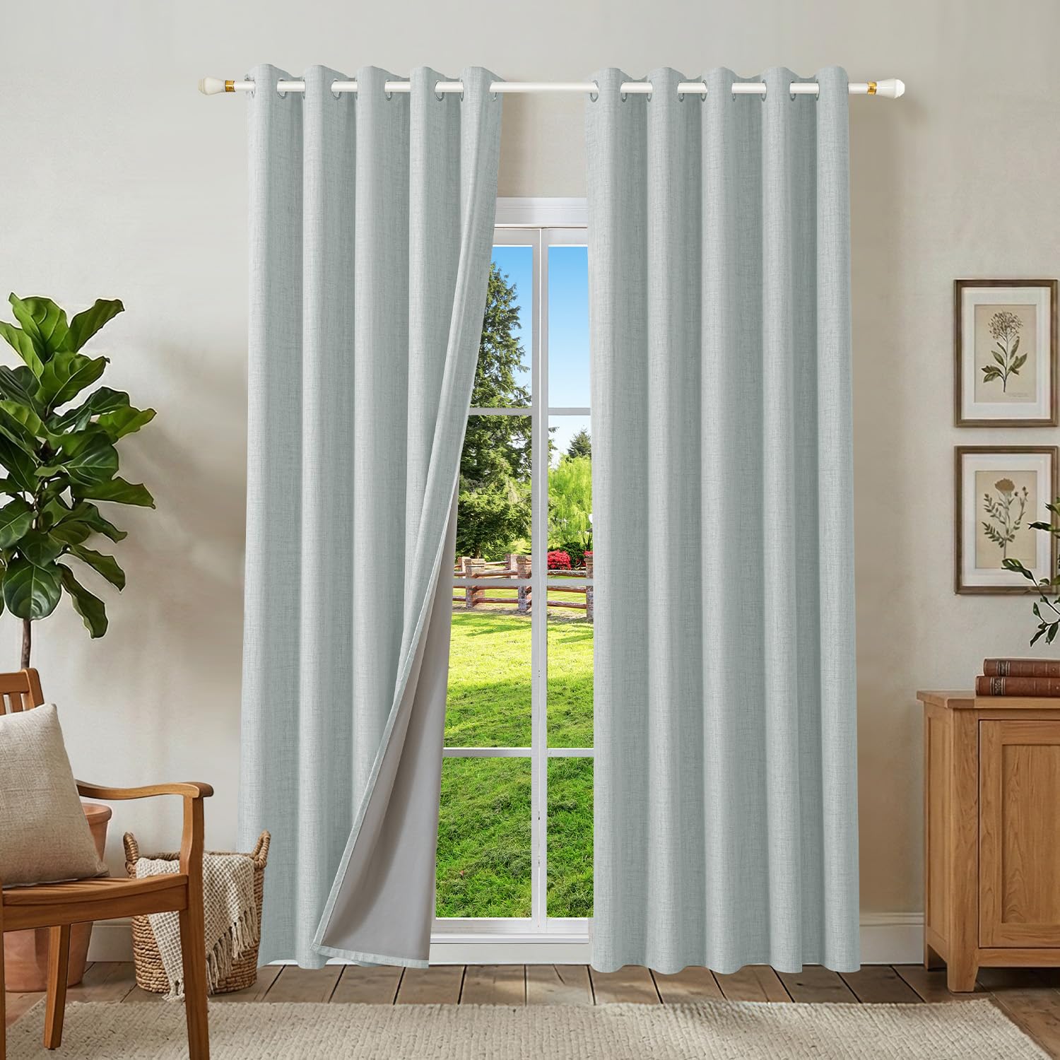 Runyéla 100% Blackout Linen Curtains Eyelet 66 x 90 Inch Drop for Living Room Bedroom Thermal Curtain 2 Panels Sage Green