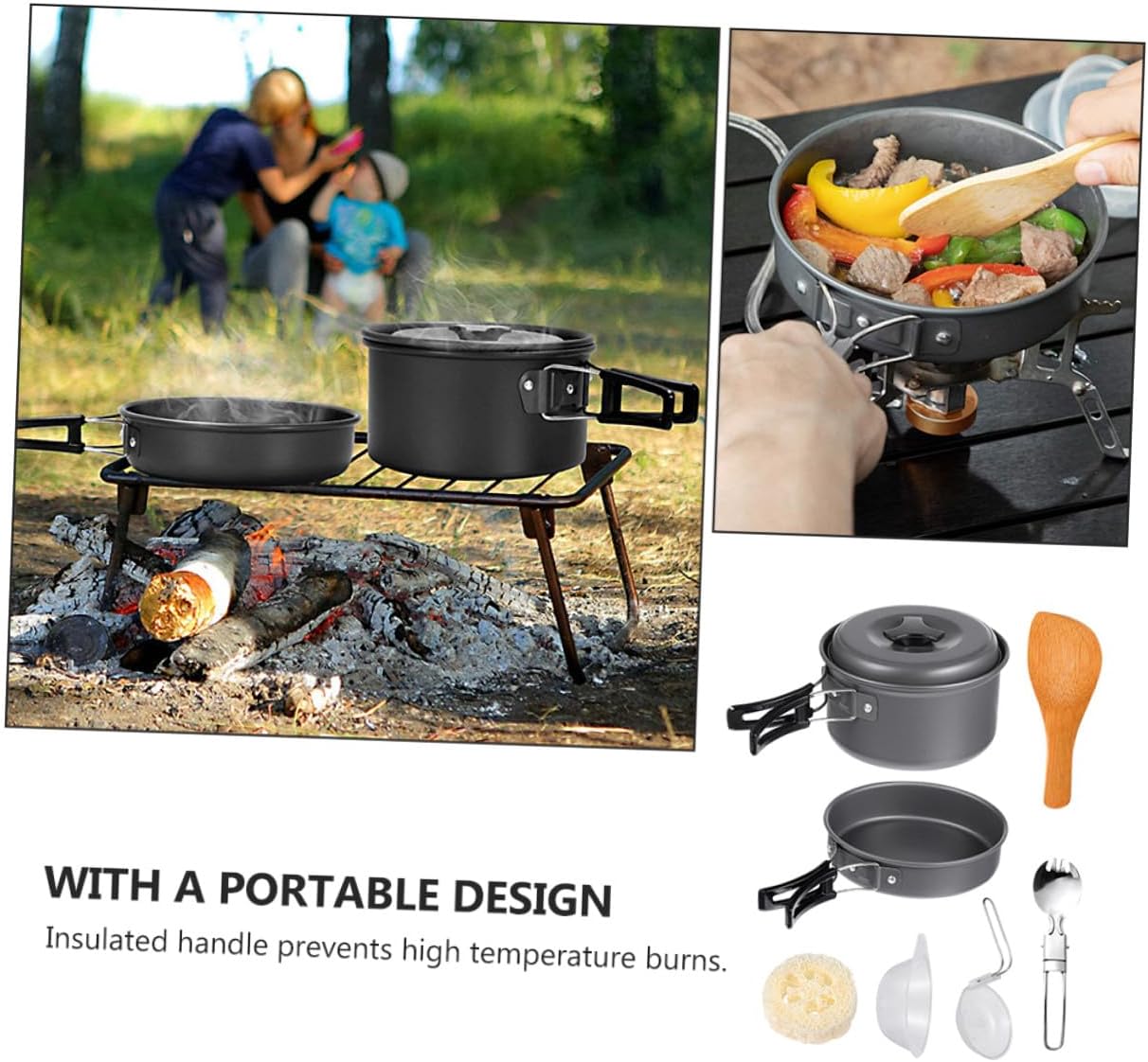 Portable Outdoor Camping Cookware Lightweight Non-Stick Cooking Pans and Pot with Cool-Touch Handles Mess Kit for Person Picnic and Hiking