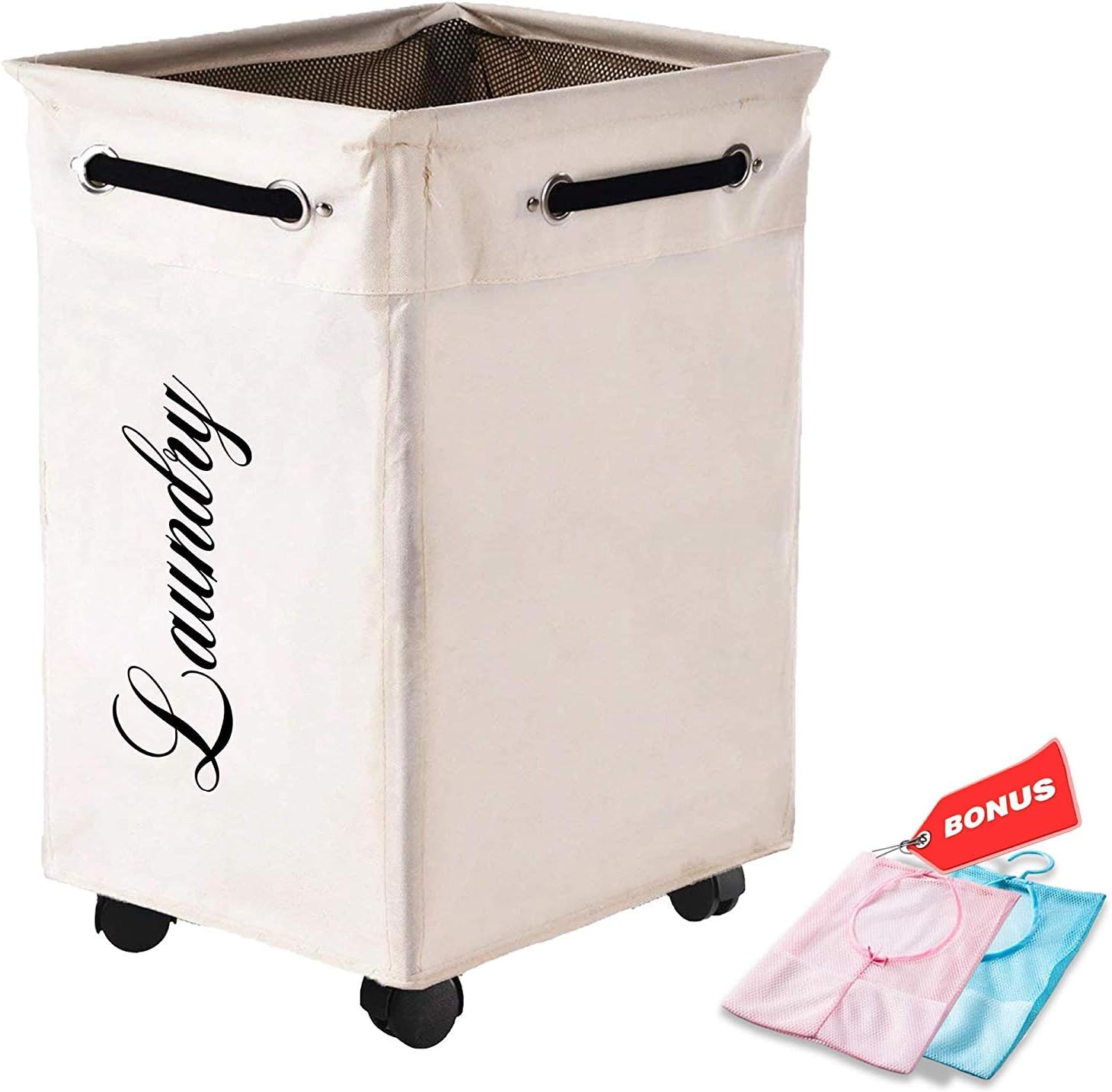 LuxUnik Rolling Laundry Basket, Laundry Basket with Wheels Foldable Waterproof Laundry Hamper for Clothing Organization with Two Mesh Hanging Storage Bags