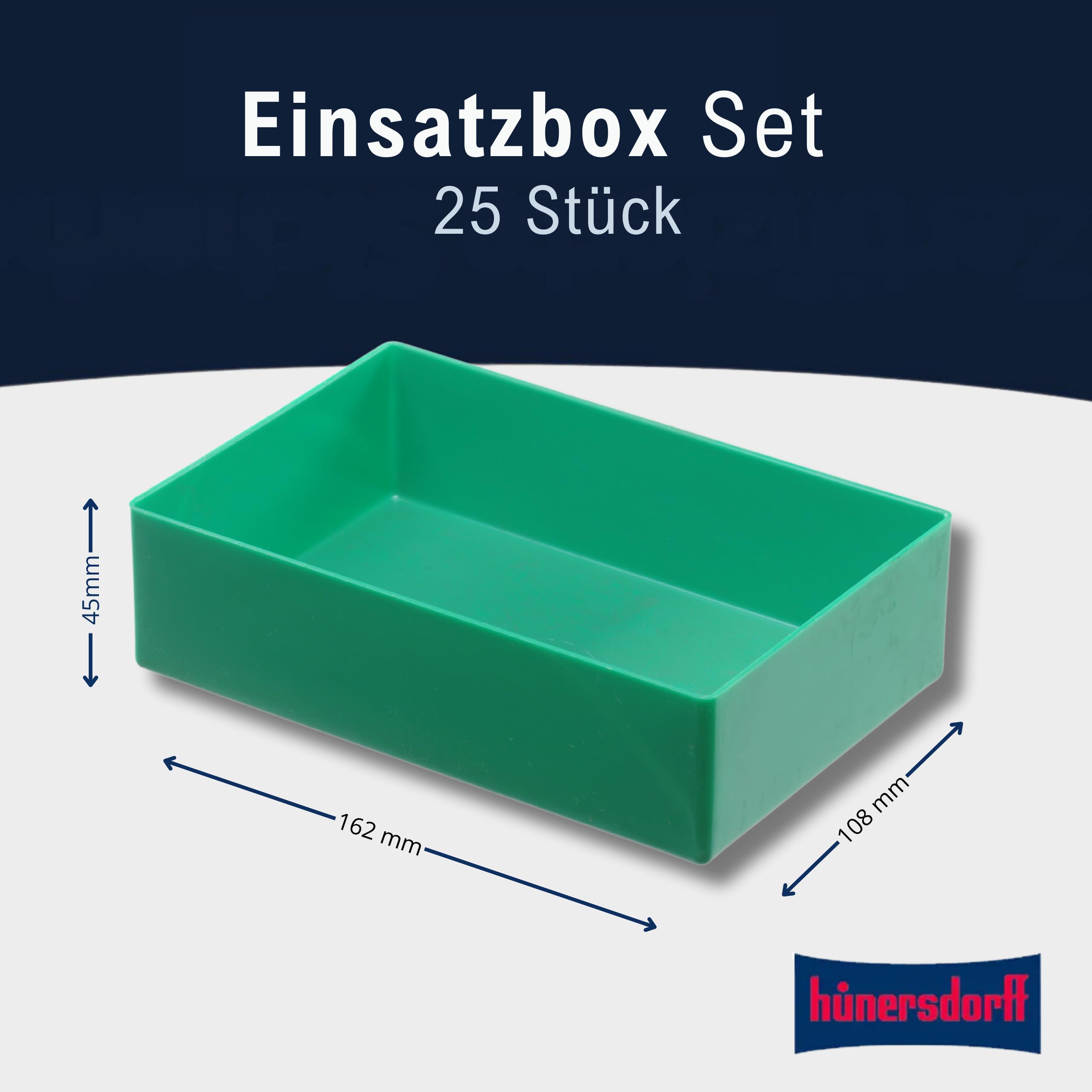 Huenersdorff 25 St. Einsatzbox 162 x 108 x 45mm (L x B x H) - Einsatzkasten Set für individuellen Bestückung von Sortimentskästen, Kleinteile-Koffern, Schubladen und Schränken - Grün