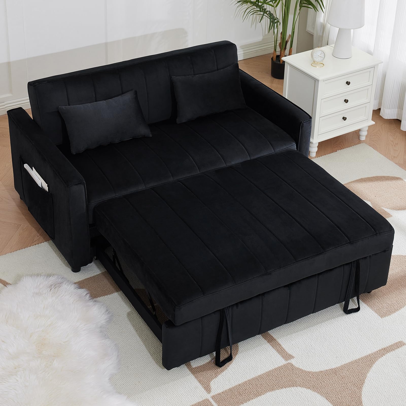 Pull Out Sofa Bed, Velvet Sleeper Couch, Loveseat Sleeper, Futon Sofa Bed for Living Room, Convertible Sofa Bed for Bedroom, Full Size Sofa Bed with Storage (Black)