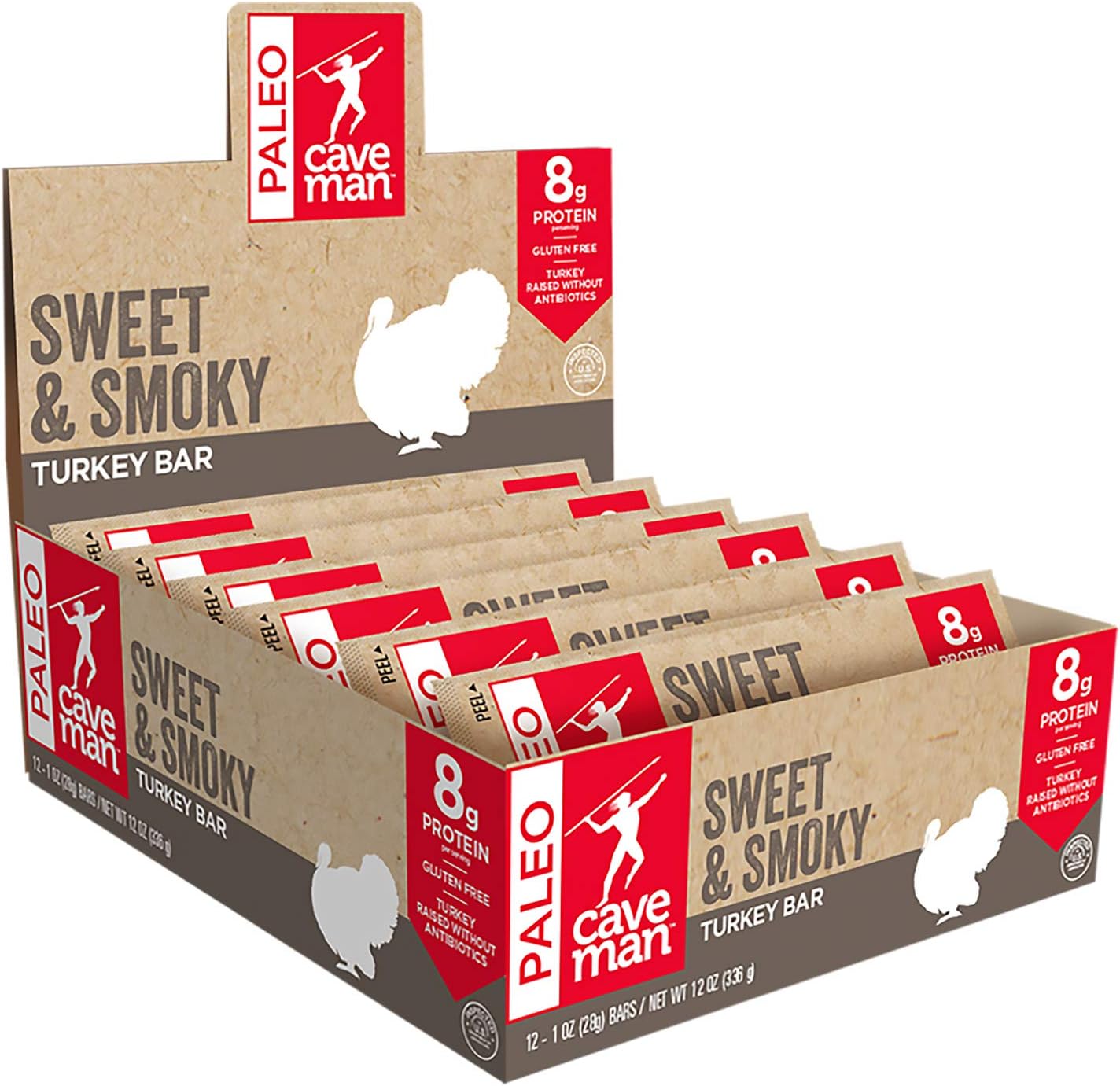Caveman Foods Keto & Paleo Meat Bars, Gluten Free, Low Carb Sweet & Smoky Turkey Bar, 1 Ounce, 12 count