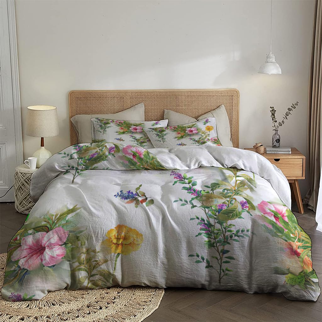 NIBAINLO 布団カバー葉と花の水彩画 肌に優しい ピーチスキン加工 掛け布団カバー 和式 洋式 あったか 布団カバーセット リバーシブル ホームステイ ホテル 家庭兼用