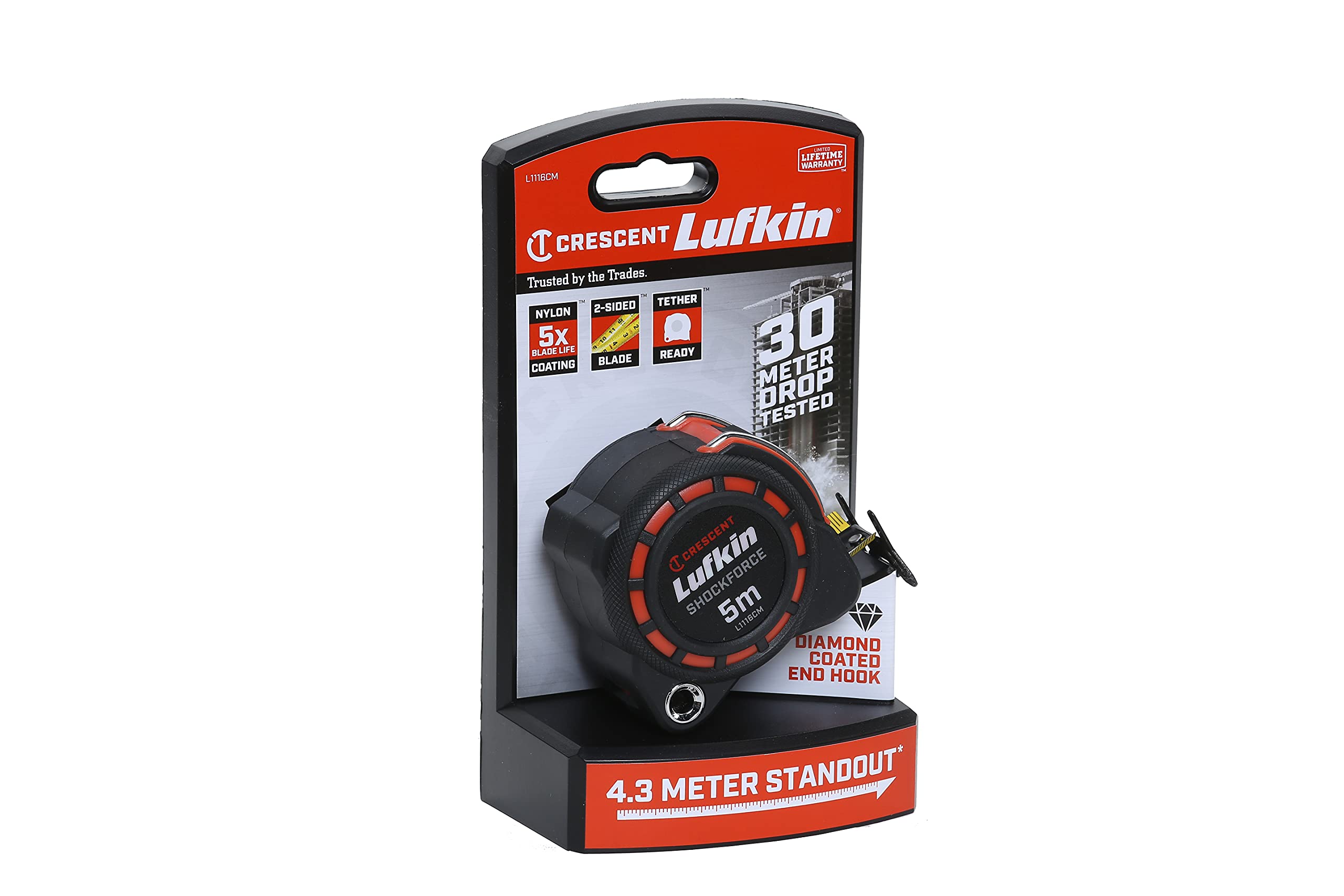 Lufkin L1116CM 3cm x 5m Shockforce Doppelseitiges Maßband, 30 Meter Fall Getestet - Version mit Gelber Klinge