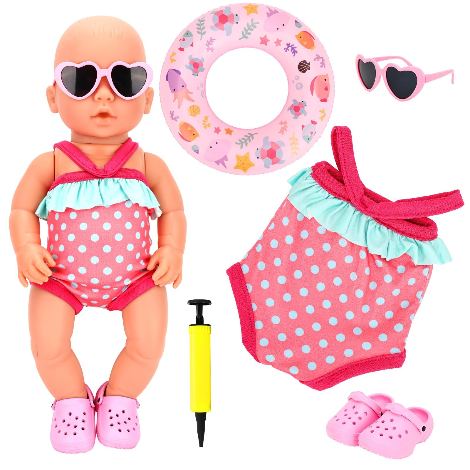 Set de Bain pour Poupées, Tenue de Piscine de Poupées, Ensemble de Natation pour Poupée 35-45 cm avec Maillot de Bain pour Poupée, Chaussures, Cercle de Natation, Lunettes de Soleil, Pompe à Air