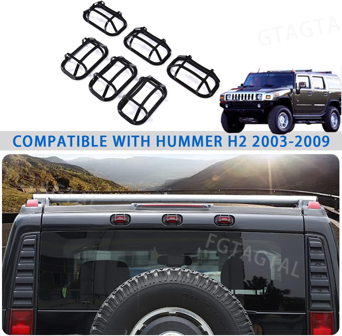 Roof Light Cover Guards Fit for Hummer H2 2003-2009, Roof Front and Rear Light Protective Grille Cover, Roof Tailgate Lamp Bezels Covers Trim Molding, 6 PCS (Roof Front and Rear Light)