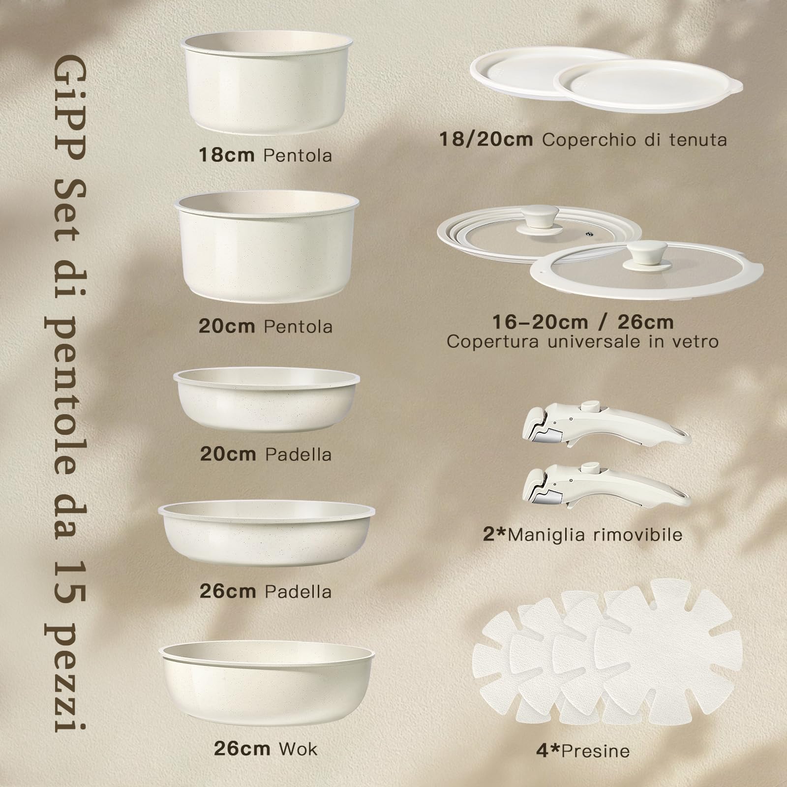 Gipp Set Di Padelle E Pentole Con Rivestimento Ceramico Antiaderente - Set Di 15 Pezzi Con Manici Rimovibili, Senza Sostanze Tossiche, Adatto Per Induzione, Forno E Lavastoviglie
