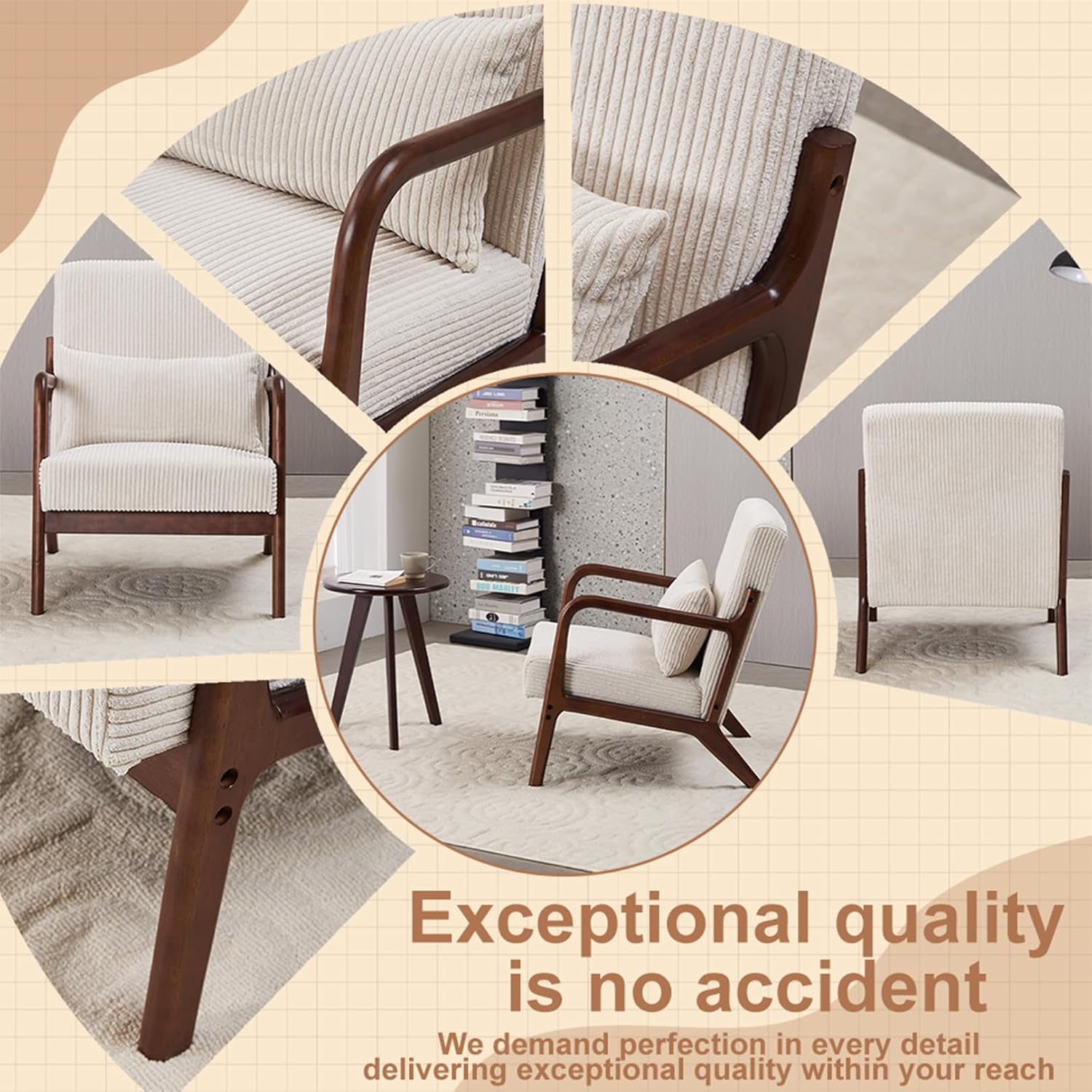 Mid-Century Modern Solid Wood Accent Chair and Coffee Table Set, Ergonomic Upholstered Reading Chair & Table for Home Offiice, Living Room, Bedroom, Relaxation Area (Brown + Beige)