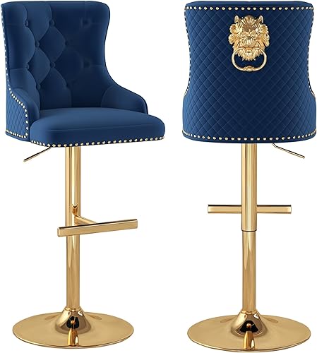 Juego de 2 taburetes de bar de terciopelo con anillo giratorio de león dorado para encimera de cocina, taburetes de bar tapizados con cabeza de
