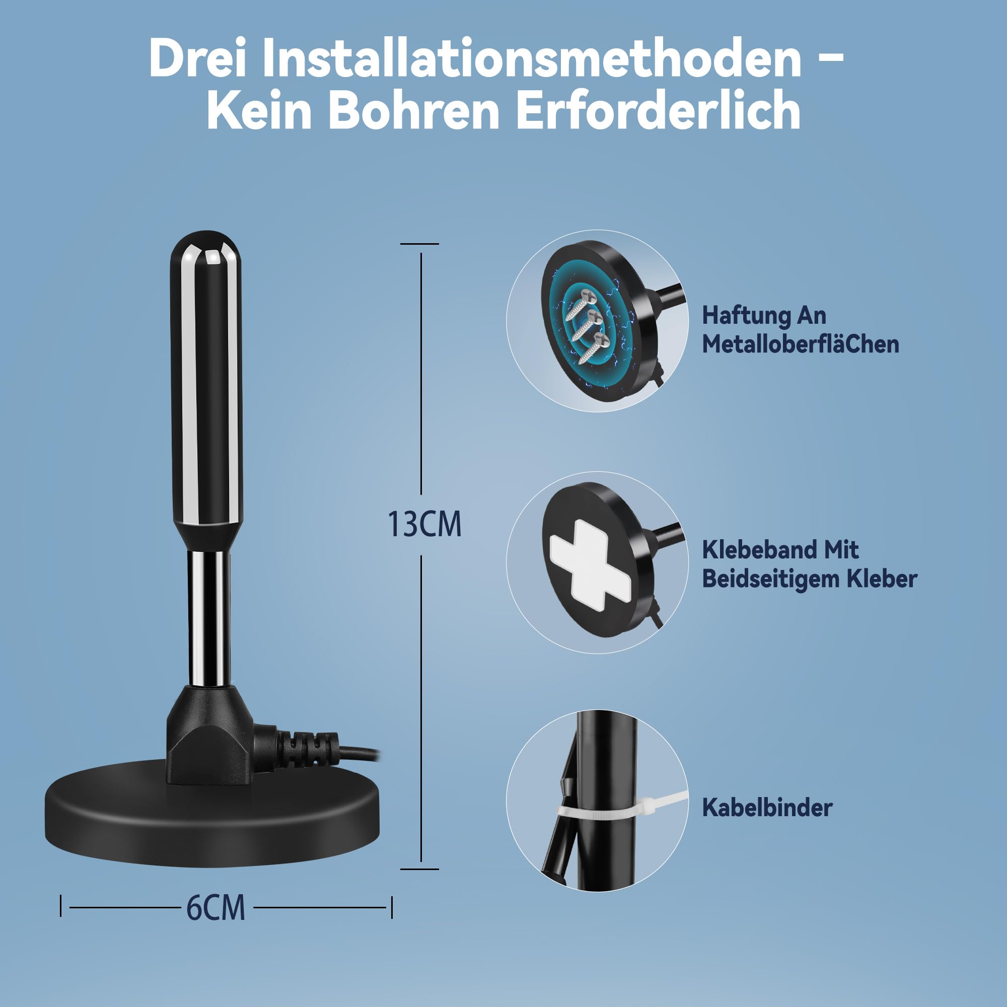 DVB-T2 Antenne mit Verstärker für Innen – Zimmerantenne für Fernseher, DVB-T/T2, TV Antenne 4K UHD Full HD, 360° Empfang bis 500 km, kostenlose Sender