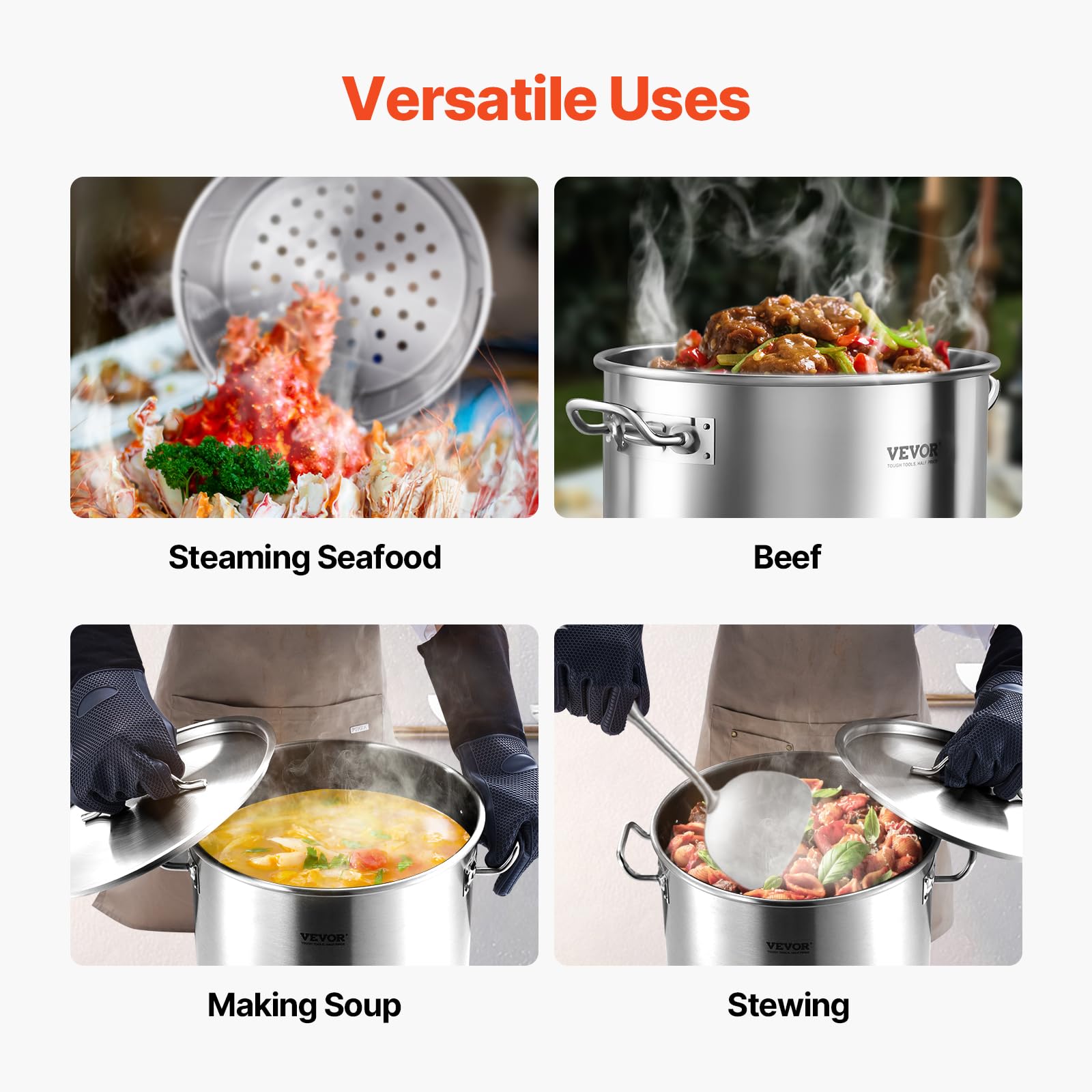 VEVOR Olla de Acero Inoxidable para Cocinar 34 L, Olla para Salsa con Canasta, Tapa y Asa, Comercial Resistente, Tratamiento de Lijado, para Cocinar al Vapor, Hervir o Freír, 315 x 420 mm