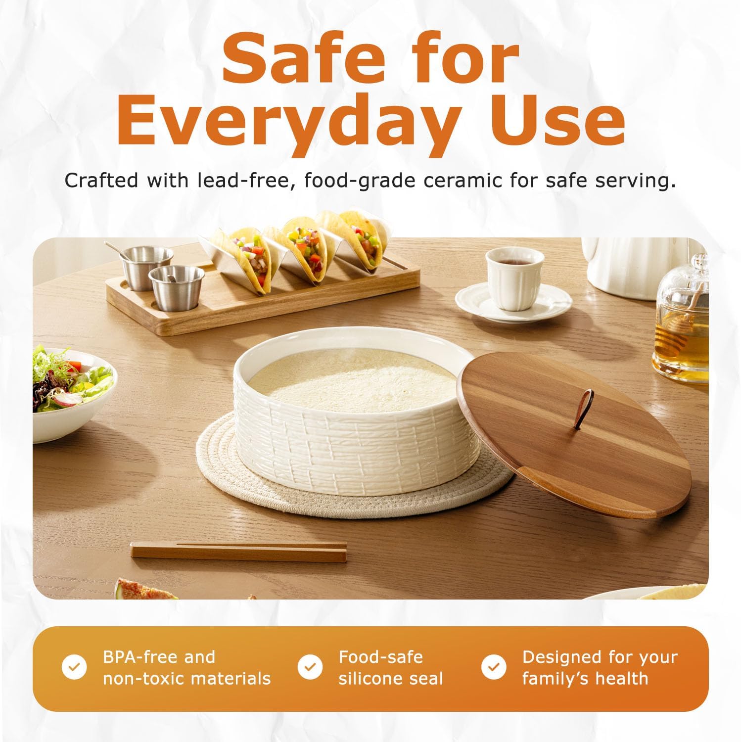 Ceramic Tortilla Warmer with Airtight Wooden Lid – 8.8 Inch Tortilla Holder, Insulated Bread Pancake Warmer, Authentic Tortillero for Tortillas, Pancakes, Roti – Large Tortilla Container