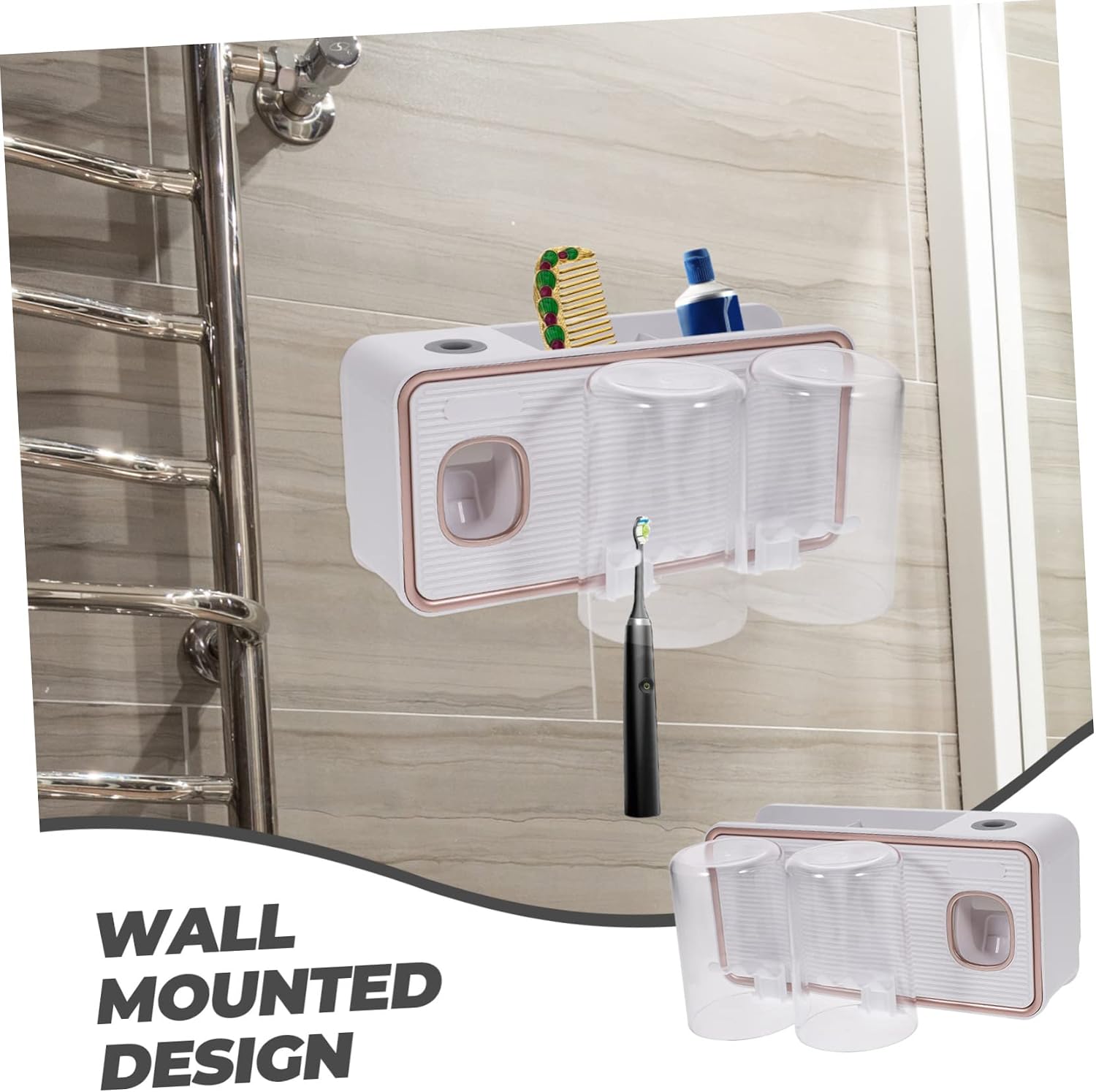 Wall Toothbrush Holder with 2 Cups, ABS Bathroom Mount White image 5