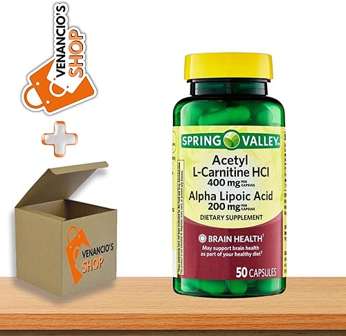 Spring Valley Acetil L-Carnitina HCI 400 mg + ácido alfa lipoico 200 mg cápsulas, 50 unidades + incluye adhesivo Venancio'sfridge