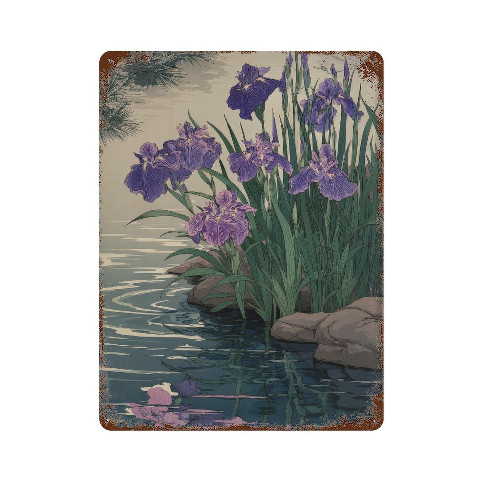 xiaoxiaoshen Purple Iris Flowers. Japanese Woodblock Botanical Wall Decor Art Metal Tin Poster Modern Home Decor Art Home Bar Shop Decorations Vintage Sign 40x30cm